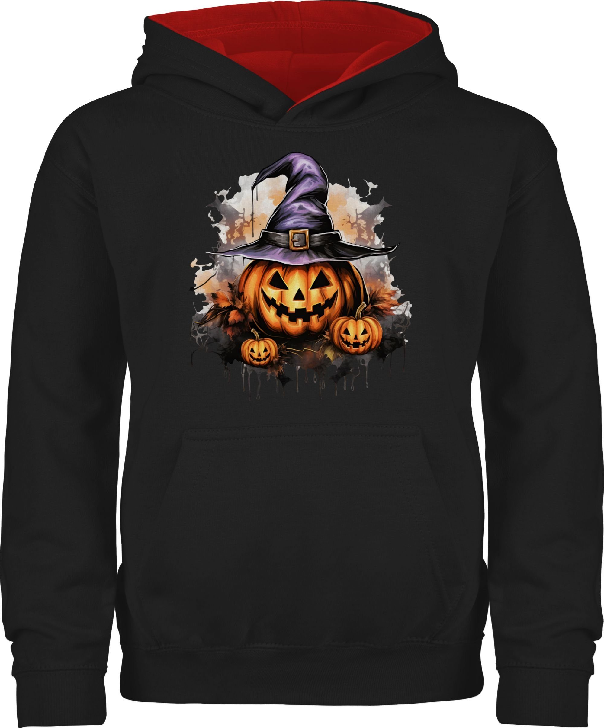 Shirtracer Hoodie Kürbis Grusliger Hexenhut 1 Kostüme Halloween Schwarz/Rot Kinder Gruselig für Böse