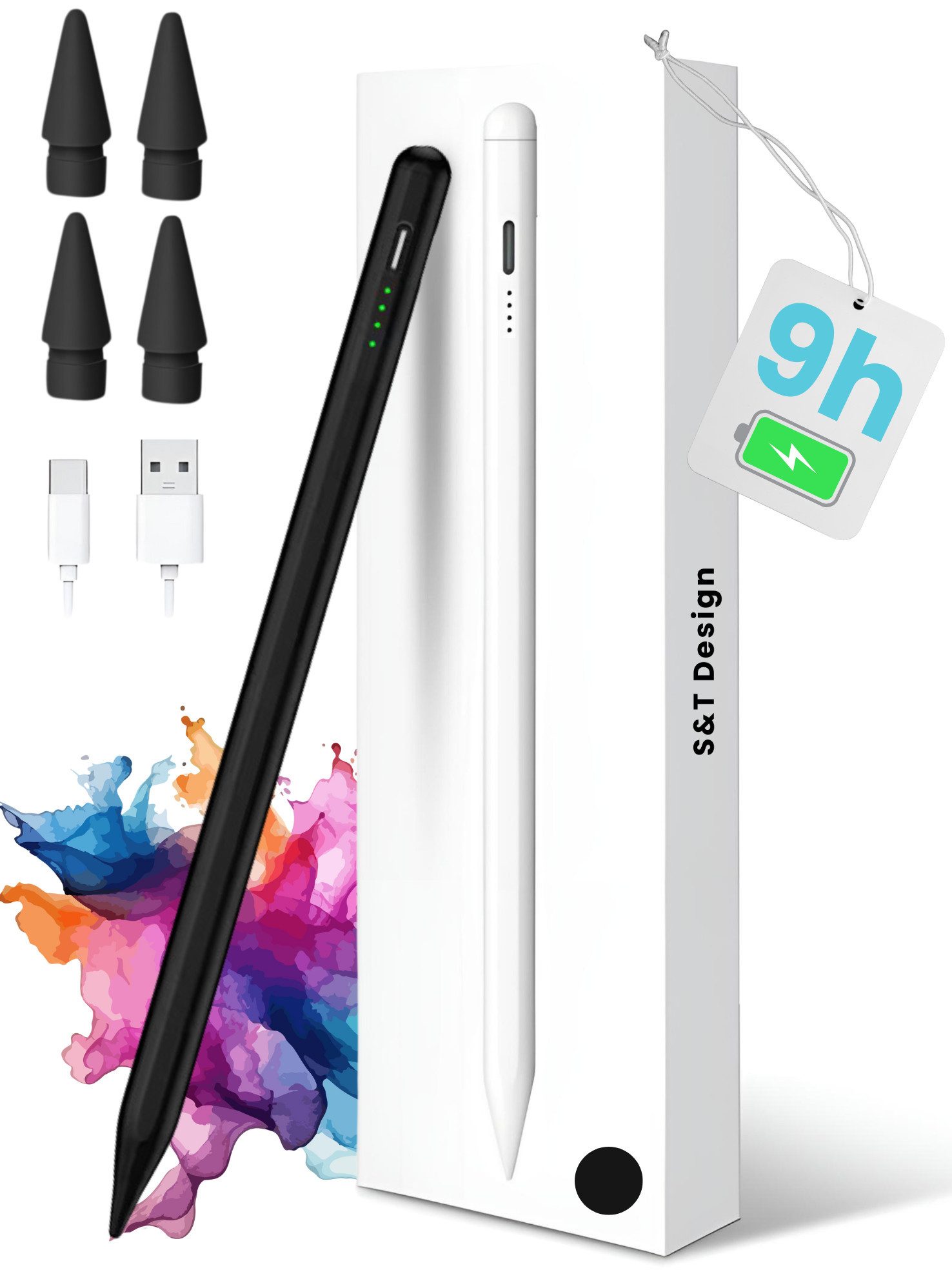 S&T Design Eingabestift Stift für iPad USB-C (2018-2024) Schnellladen für Apple iPads (2018-2024), mit 4x iPad Stift Spitzen) Tabletstift Stylus Pencil 2. Generation Pen USB-C