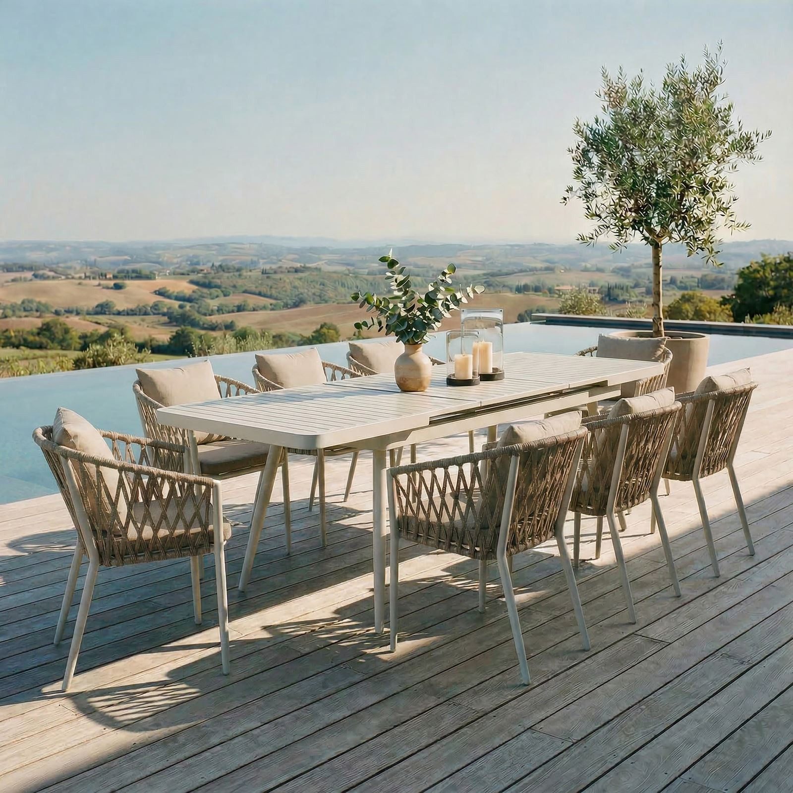 IDIMEX Garten-Essgruppe SUNNY, Gartenmöbel Set mit 8 Stühlen & ausziehbarem Tisch weiß/beige