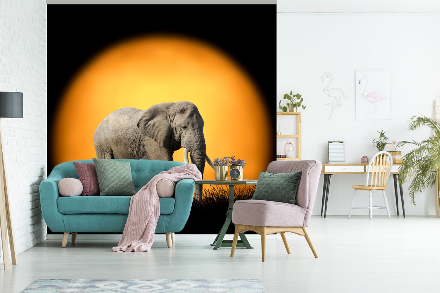 Sonne MuchoWow oder St), Vinyl Schlafzimmer, - Wohnzimmer Elefant Zähne, bedruckt, Wandtapete Fototapete für - Matt, (5 Tapete