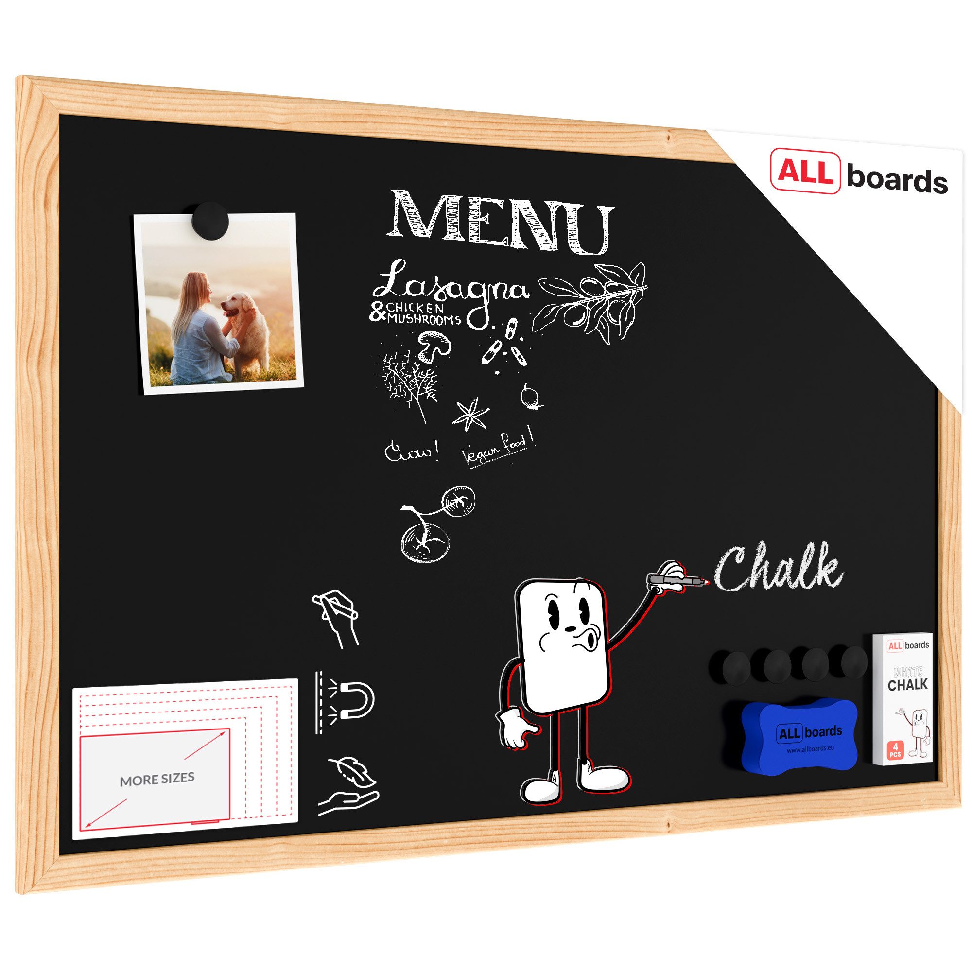 ALLboards Tafel Schwarze Magnetische Kreidetafel Naturholzrahmen Schreibtafel