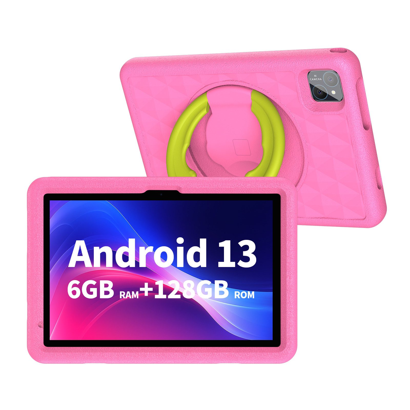 VASOUN Lerntablet TAB 12 10"-Zoll Kinder-Tablet mit 6G RAM+128G ROM, mit Bluetooth/WiFi und Silikonhülle, Android 13, Rosa