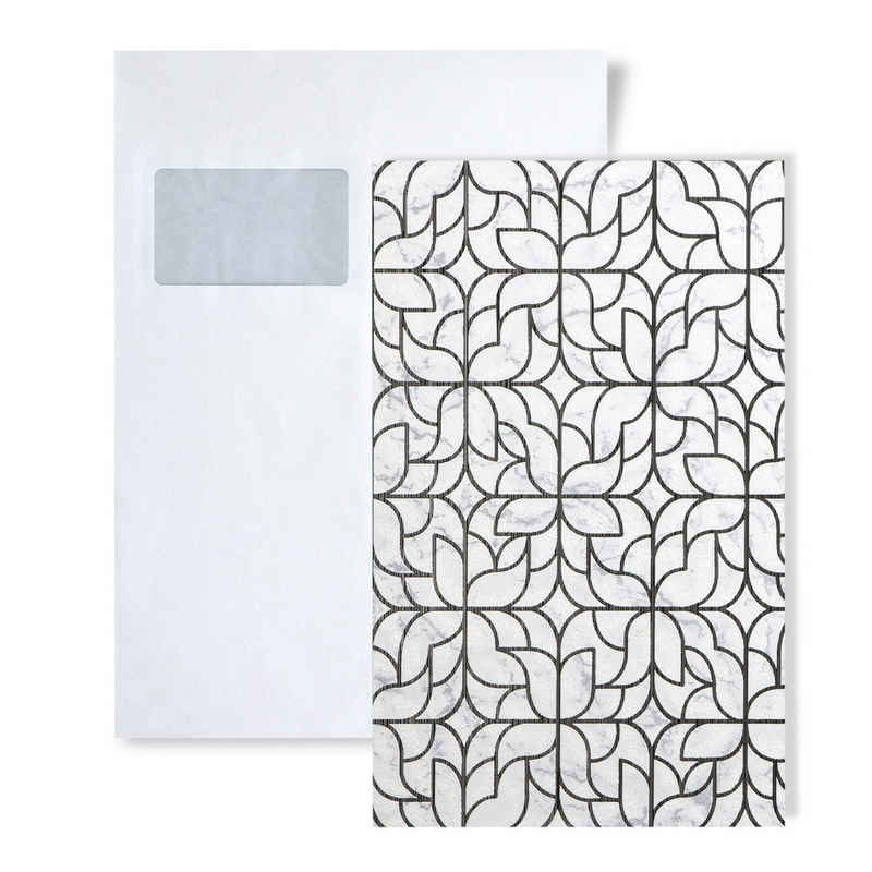 Edem Papiertapete S-85074BR30, glänzend, grafisch, ornamental, (1 Musterblatt, ca. A5-A4), weiß, hell-grau, schwarz, silber