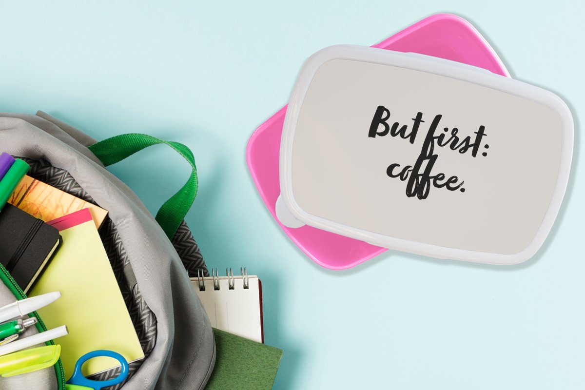 Koffein Zitate, (2-tlg), Kunststoff, für Aber Brotdose Mädchen, rosa Brotbox - - Erwachsene, Kaffee - Kaffee MuchoWow - Snackbox, Sprichwörter Kinder, Lunchbox zuerst: Kunststoff