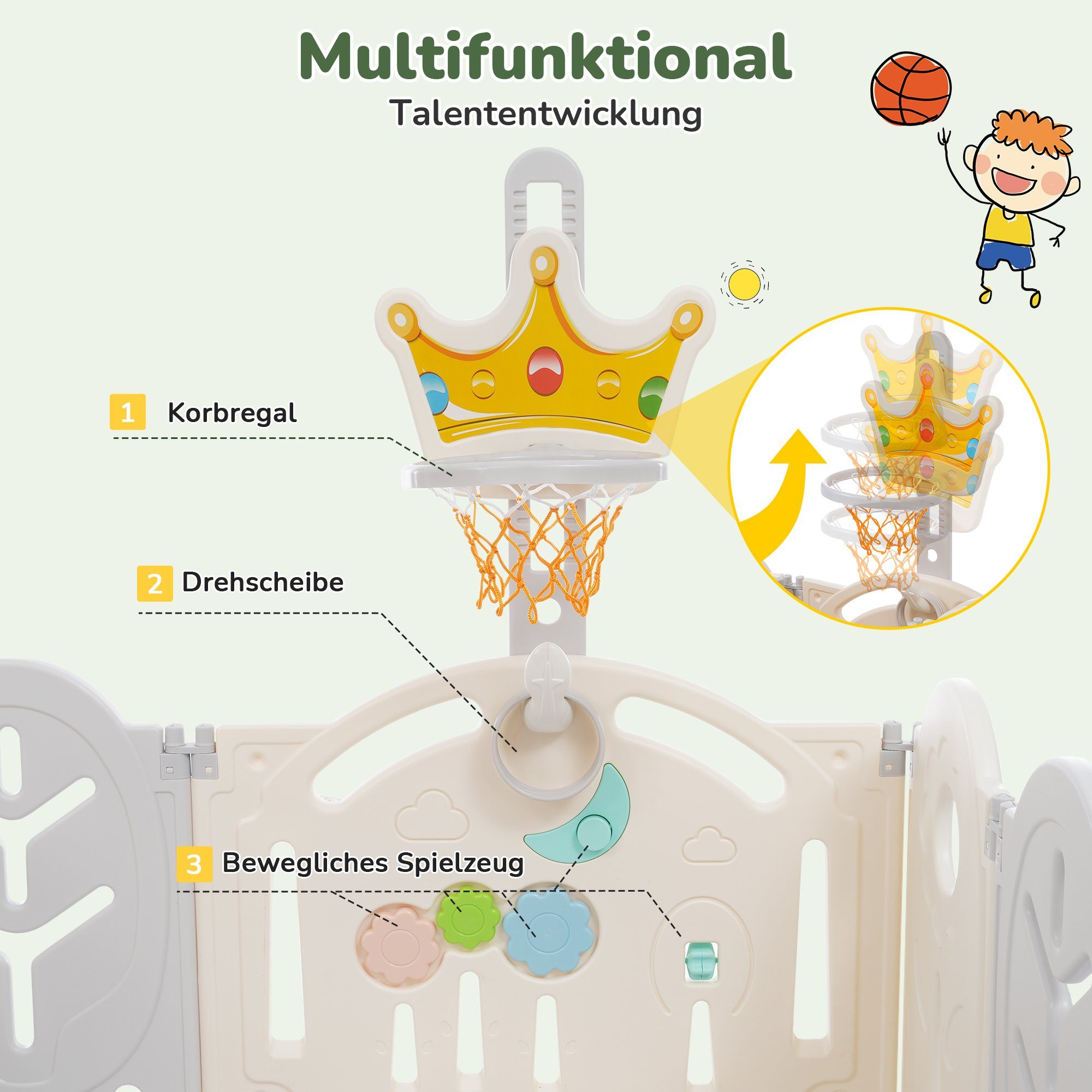 Basketbalkorb mit Grau-Weiß Laufgitter und mit Aktivitätszentrum, HDPE, Spielbrett Laufgitter aus faltbar Merax Schaukeln Kinder