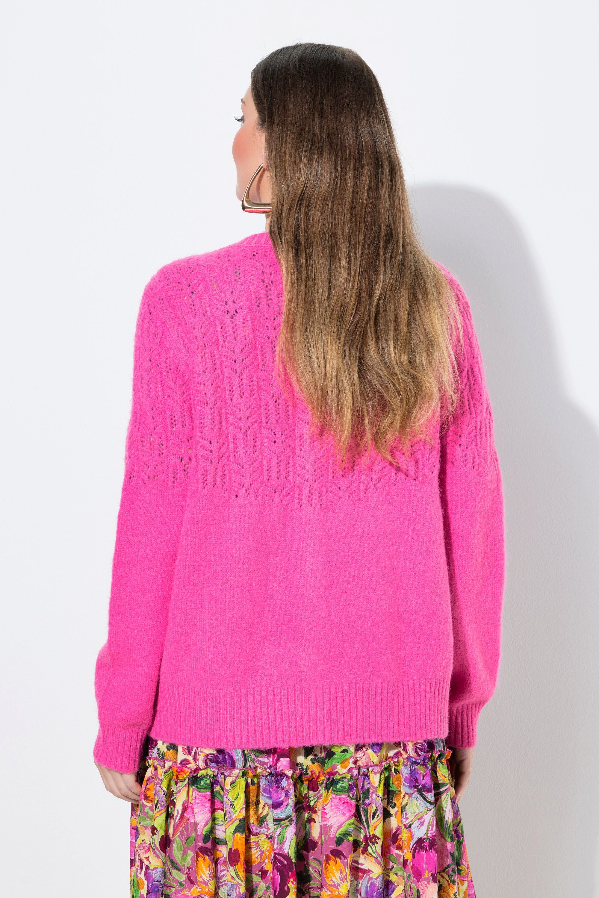 Ulla Popken Strickjacke Strickjacke Ajourmuster Rundhals Langarm