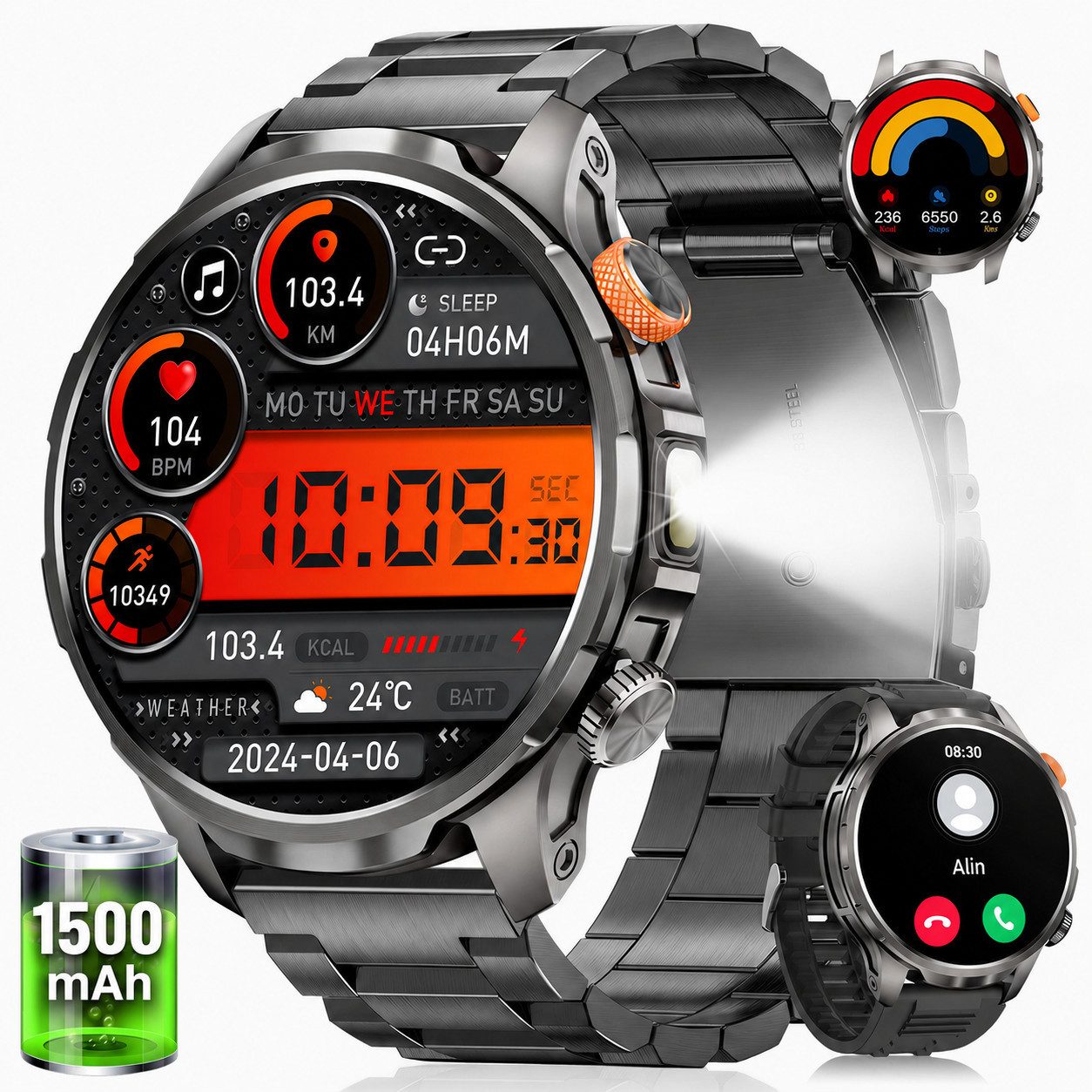 SWGOTA 2026 1500mAh Akku 1.91" AMOLED-Display Militär Smartwatch für Herren Smartwatch Herren Fur Fitnessuhr, IP68 wasserdicht, SpO2-/Herzfrequenz-/Schlafüberwachung für Android und iOS