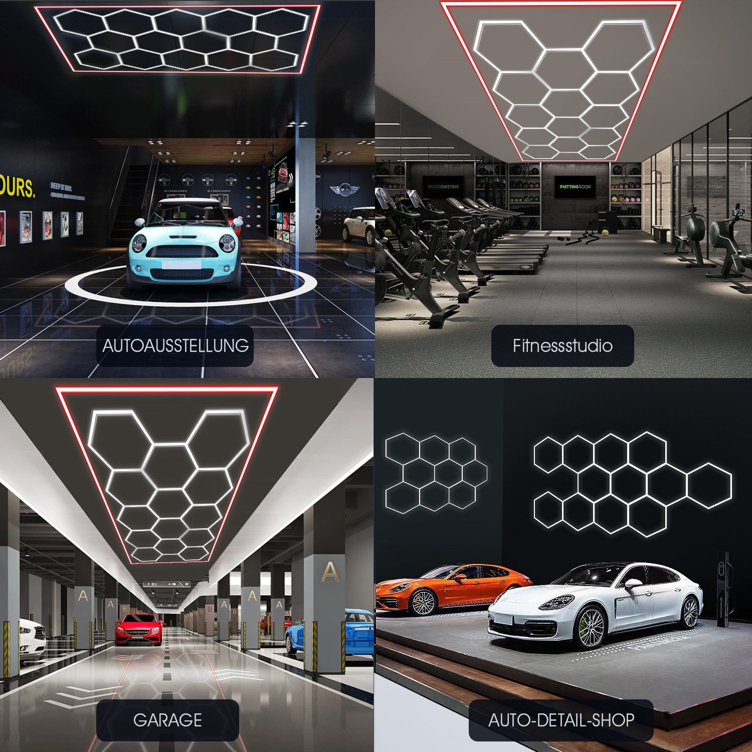 oyajia LED Dekolicht 14er-Pack Hexagon LED Garagenleuchte, Rahmen/Blau, LED Garage Light, Kaltweiß+Blau, DIY LED Dekolicht für Garage Studio Friseursalons Auto-Detailing-Shop