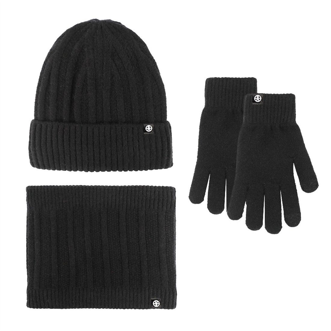 DÖRÖY Strickmütze Unisex Winter Wollmütze Set, Warme Mütze Schal Handschuhe 3 Stück Set Schwarz