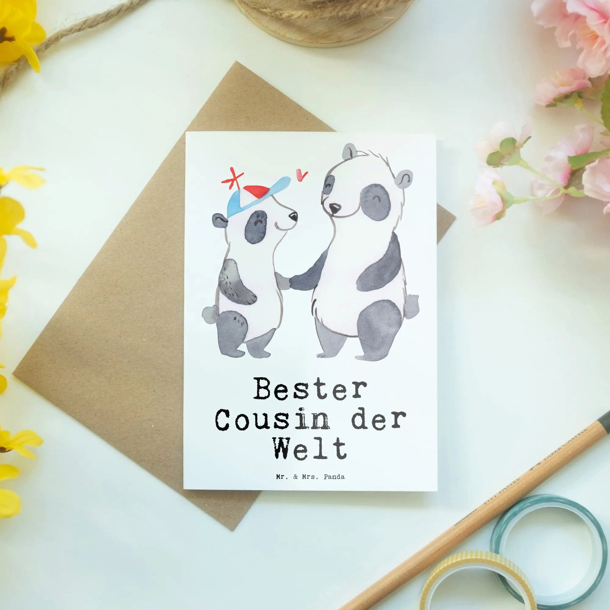 Thumbnail - Mr. & Mrs. Panda Grußkarte Panda Bester Cousin der Welt - Weiß - Geschenk, Schenken, Ansichtskar, Edler Umschlag