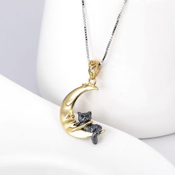 Schmuck-Elfe Kette mit Anhänger Mond mit kleiner Katze, 925 Sterling Silber vergoldet