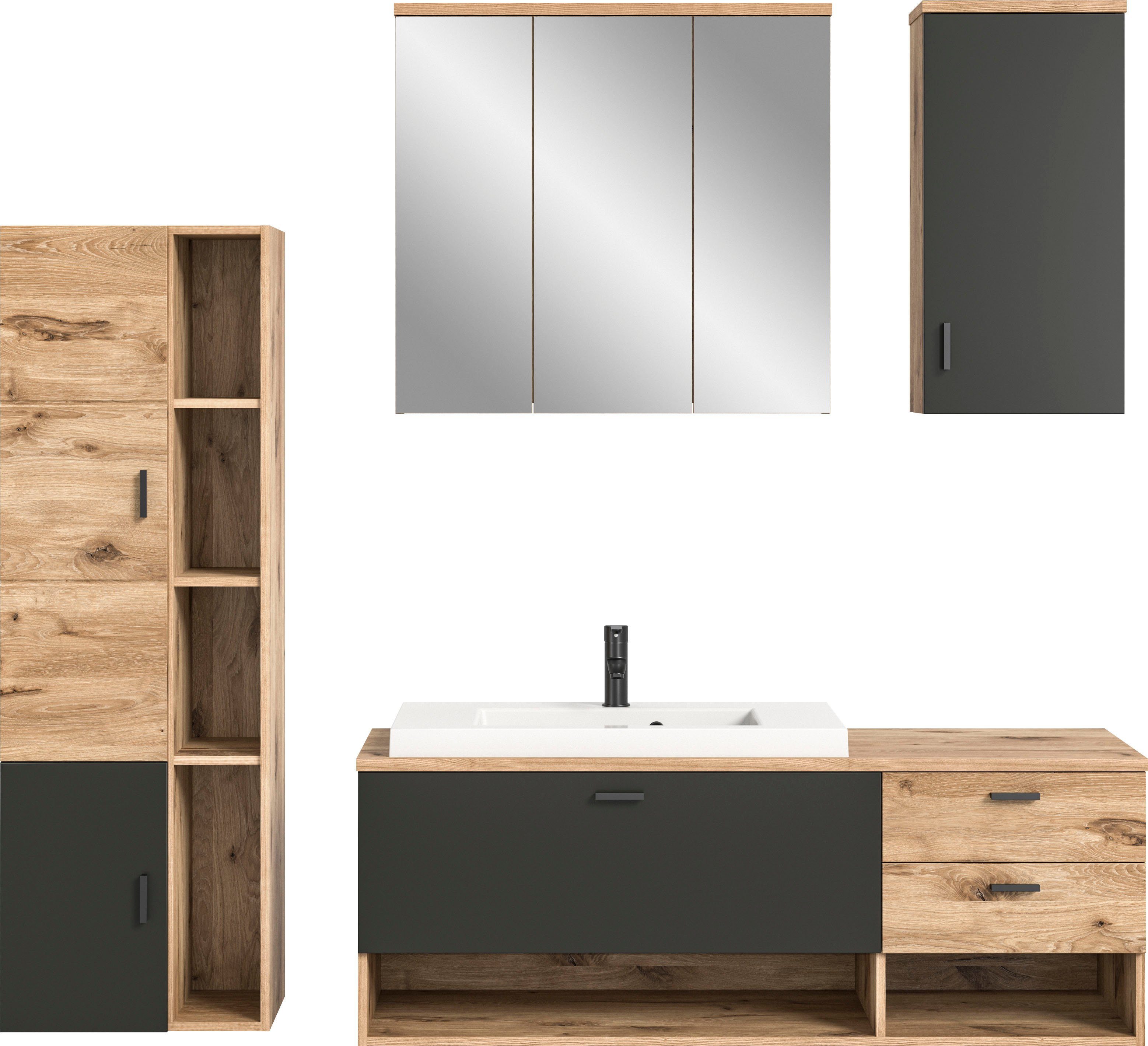 welltime Badmöbel-Set Dolo, 4 teilig, inklusive Mineralguss-Waschbecken, bestehend aus:, (Set, 4-St), Waschtisch inkl. Waschbecken, Hängeschrank,Spiegelschrank, Hochschrank