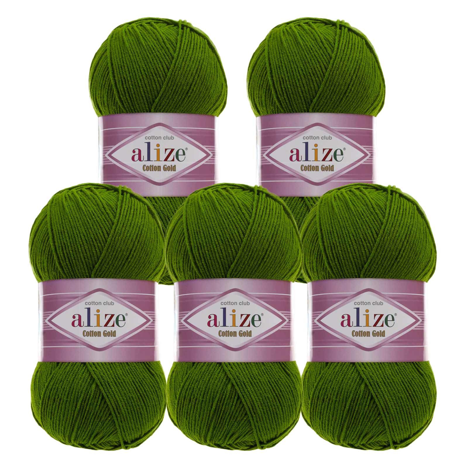 Alize 5 x 100g Strickgarn Alize Cotton Gold Uni Klassikgarn Häkelgarn Häkelwolle, 1650 m, 35 laubgrün