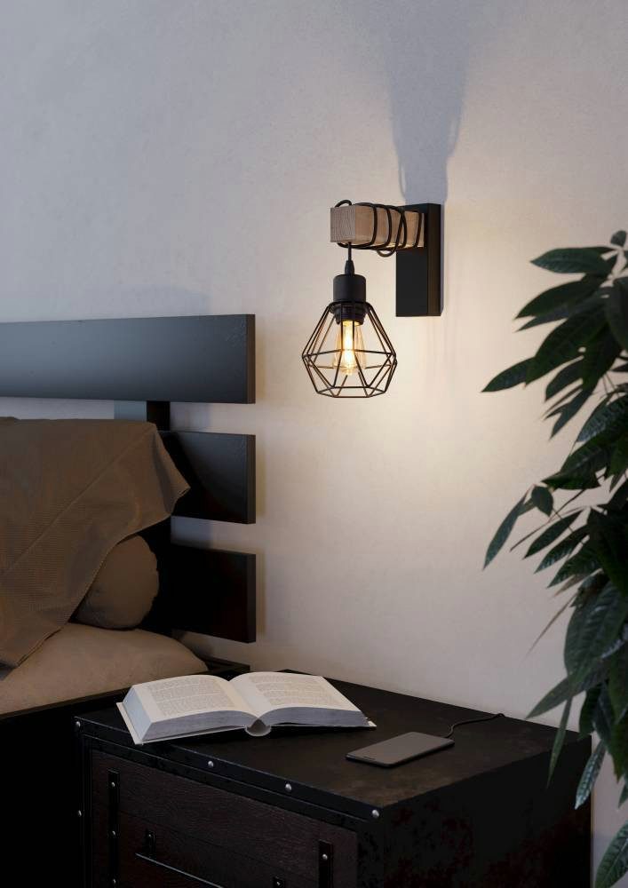 EGLO Wandleuchte TOWNSHEND 5 Wandlampe, Stahl und Holz, E27, IP20, Wohnzimmerlampe, ohne Leuchtmittel, Wand-/Deckenleuchte, Wohnzimmer, L14 x H27,5 cm, schwarz, – Bild 5 von 5