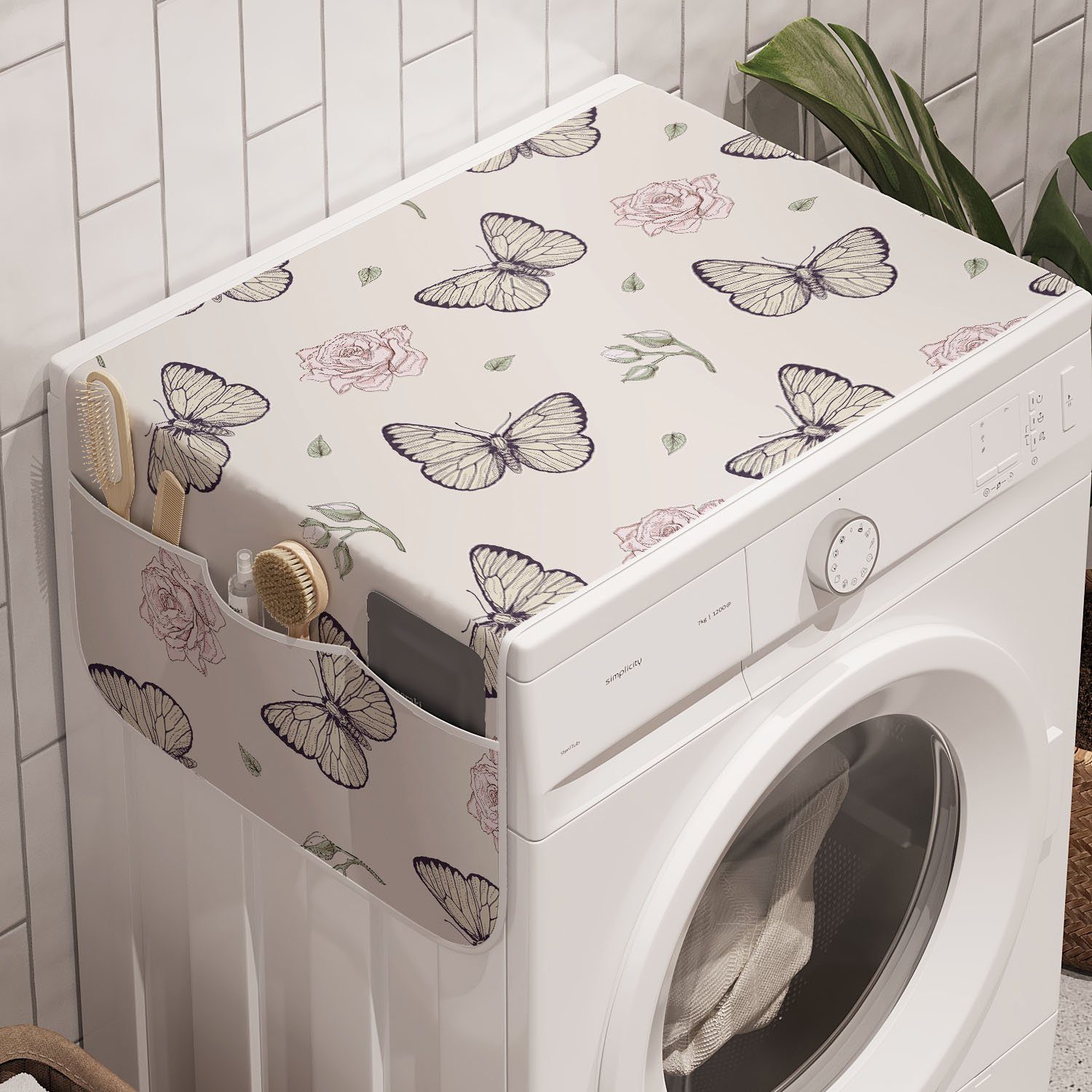 Abakuhaus Badorganizer Anti-Rutsch-Stoffabdeckung für Waschmaschine und Trockner, Entomologie Schmetterlinge und Blüten