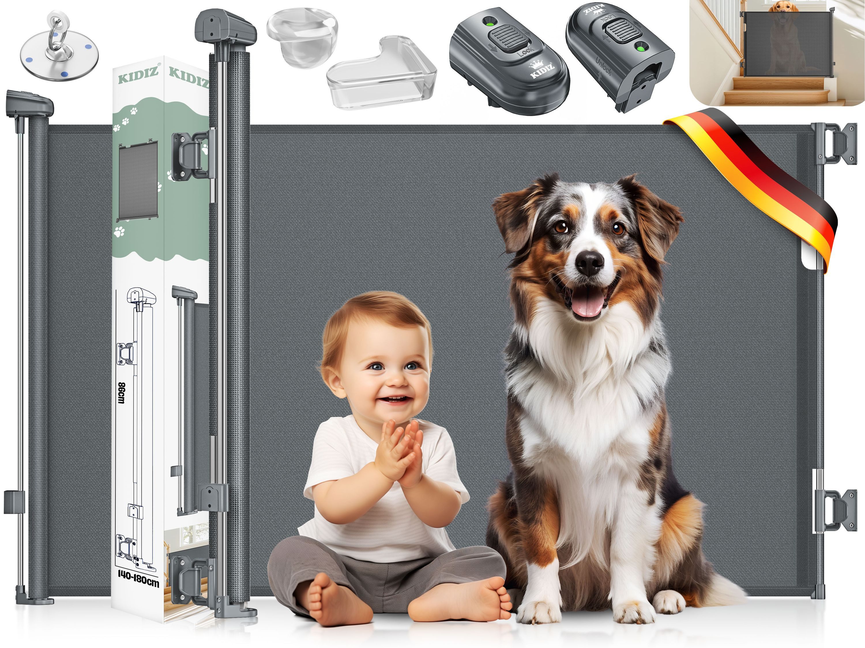 KIDIZ Türschutzgitter Treppenschutzgitter ausziehbar bis 140cm für Kinder, Babys & Haustiere (Schutzgitter für Treppen & Türen inkl. Bodenanker & Montagezubehör), Raumtrennung Absperrgitter kindersicheres Treppengitter