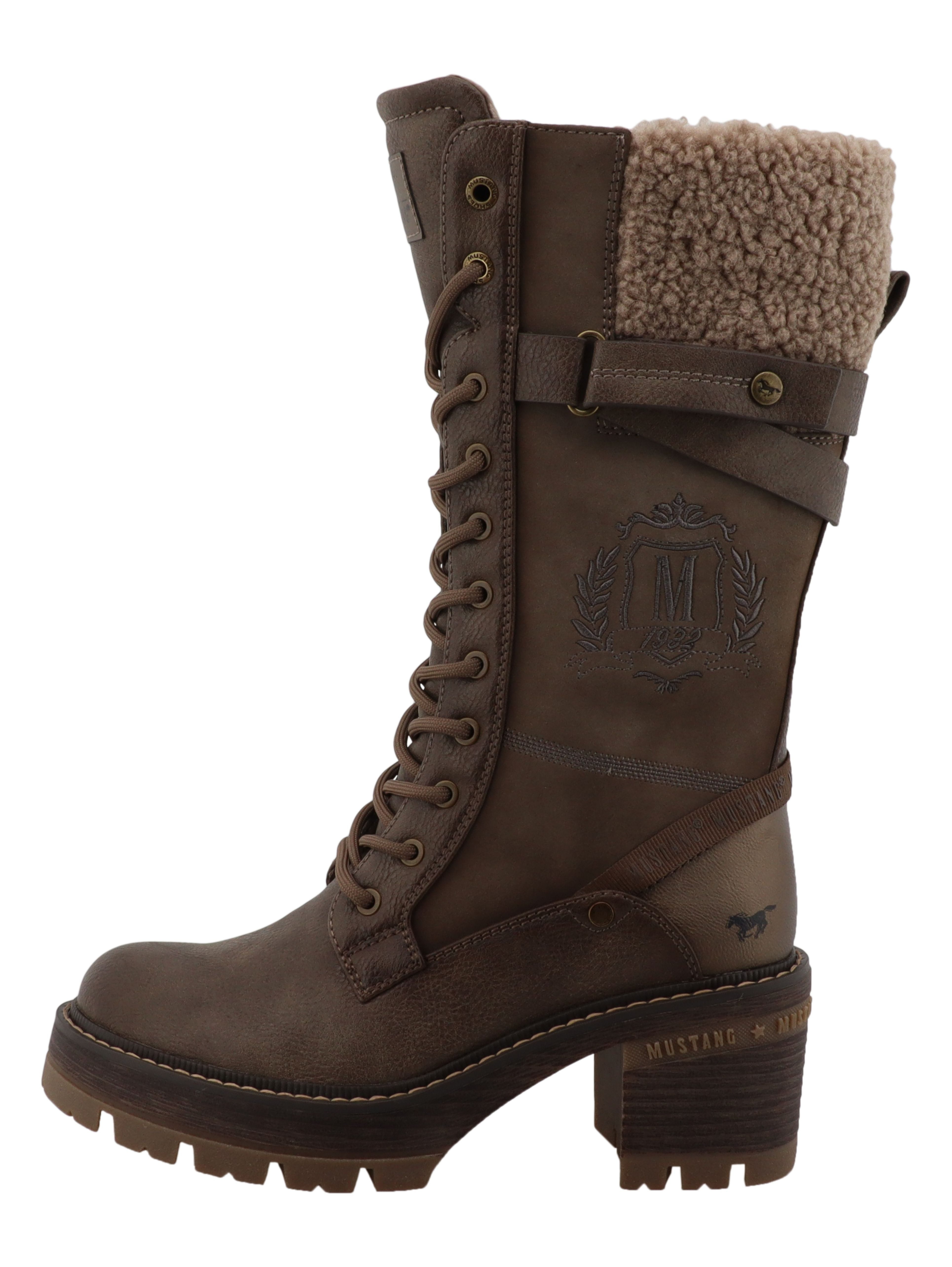Mustang Shoes Stiefel Winterstiefel Blockabsatz, Schnürstiefel mit Warmfutterkragen und Zierschnalle