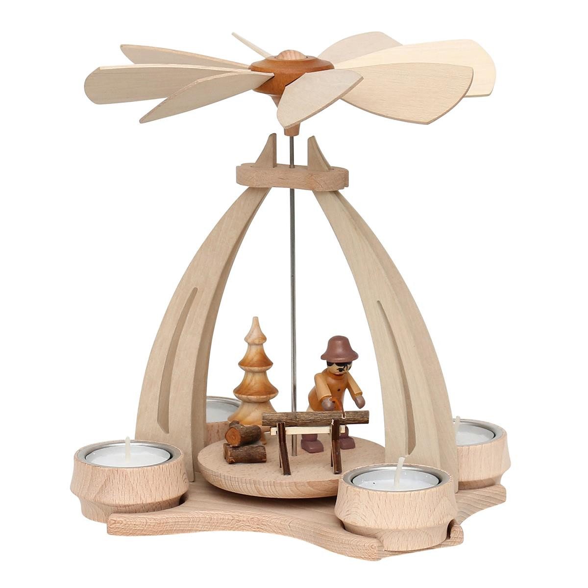 Dekohelden24 Weihnachtspyramide Pyramide aus Buchenholz Waldarbeiter mit Säge, ca. 24 cm