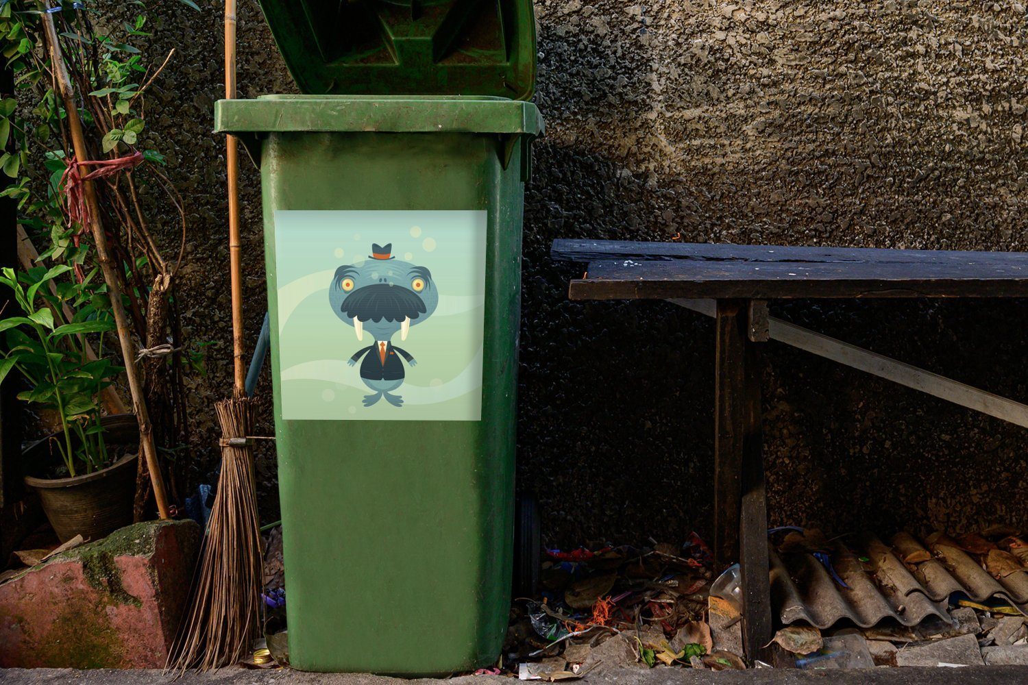 MuchoWow Wandsticker Eine Illustration Abfalbehälter großen eines Sticker, Mülleimer-aufkleber, mit einem Walrosses Container, St), Kopf Mülltonne, (1