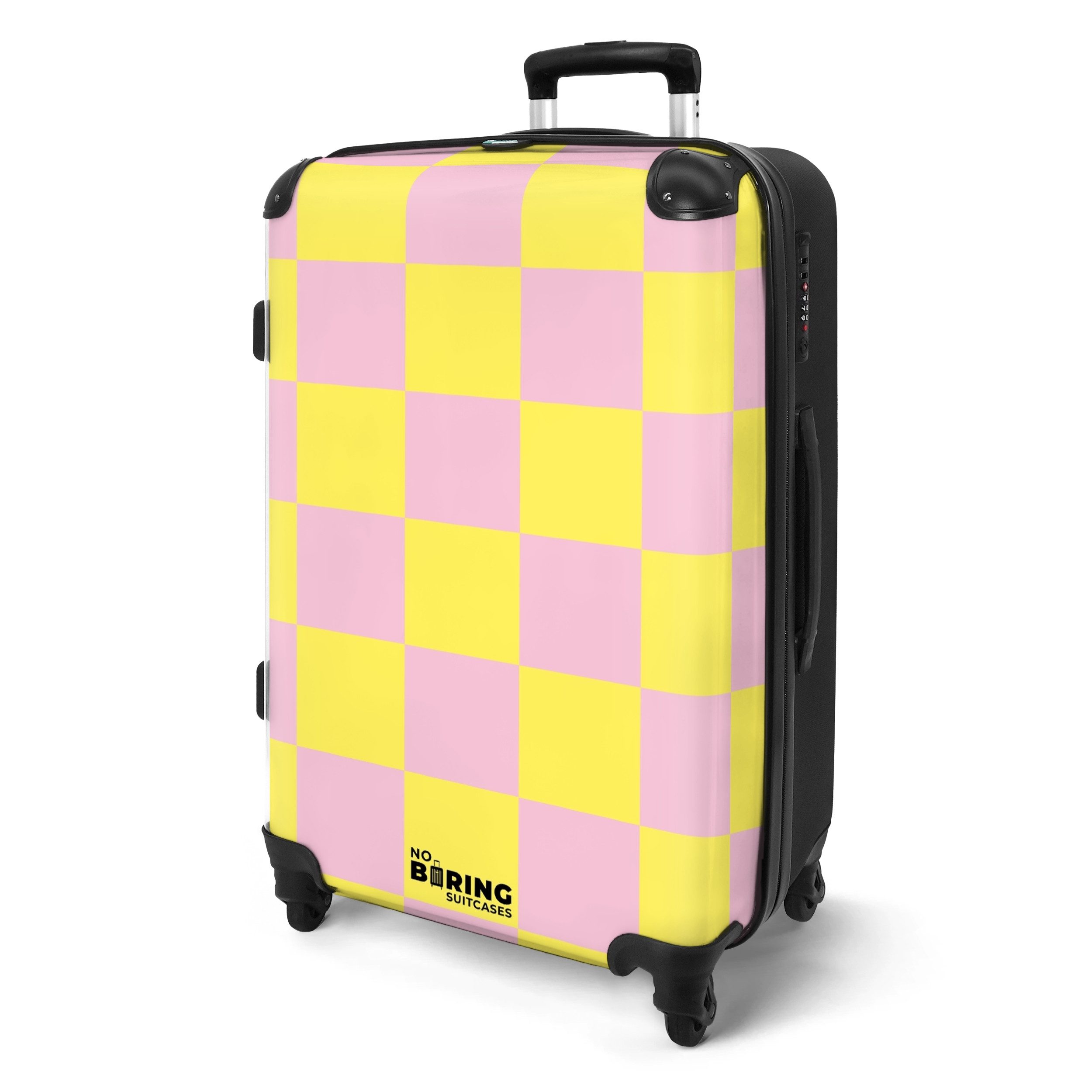 NoBoringSuitcases.com© Hartschalen-Trolley Gelb mit rosa Schachbrettmuster günstig online kaufen