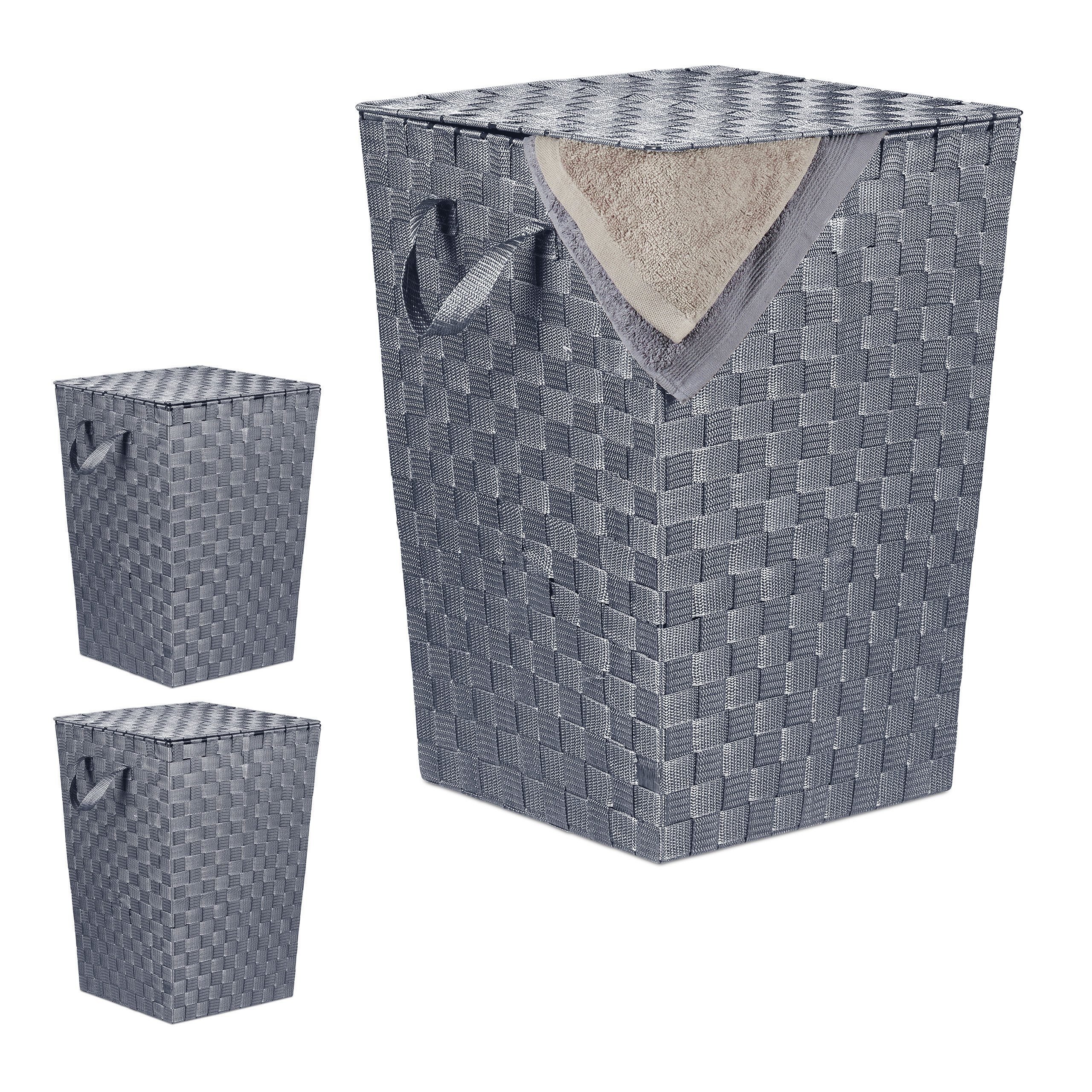 Relaxdays Wäschekorb Bambus – 30 Liter, Faltbar, Mit Deckel, Halbrund, Grau