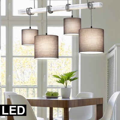 etc-shop LED Pendelleuchte, Leuchtmittel inklusive, Warmweiß, Textil Hänge Decken Lampe grau Wohn Zimmer Holz Pendel Leuchte im-