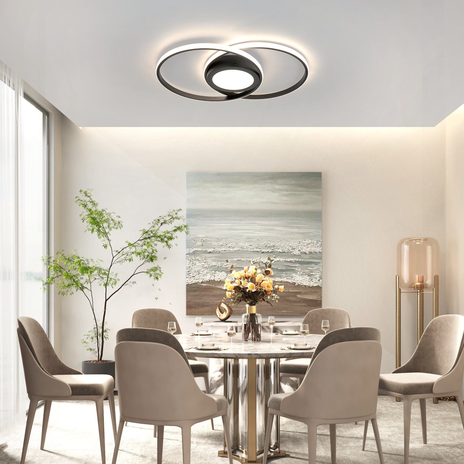 Nettlife LED Deckenleuchte Wohnzimmer Schwarz/Weiß mit W 48 Fernbedienung, Licht, warmes Licht/natürliches Metall Licht/kaltes Dimmbar