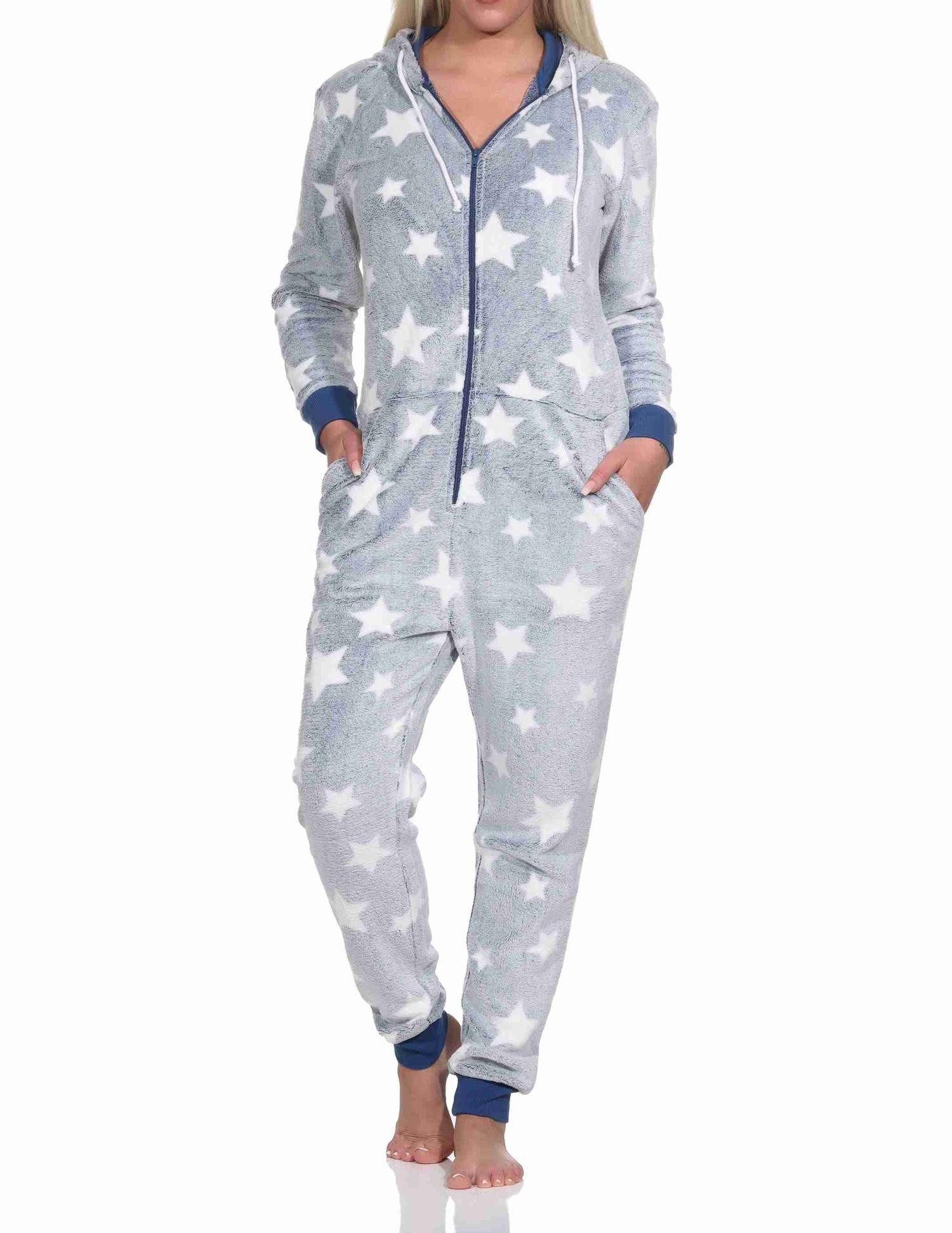 Normann Pyjama Damen Schlafanzug Jumpsuit Overall in Sterneoptik aus Coralfleece