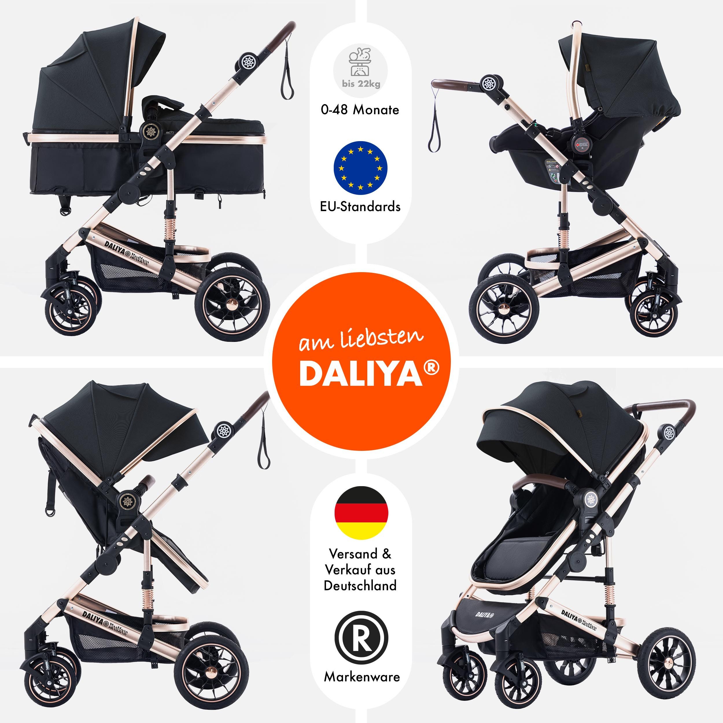 Daliya® Kombi-Kinderwagen NEOMOVE 3in1 Kinderwagen mit i-Size Babyschale & Buggy, (Reise-Set, 10-tlg), Kinderwagen mit i-Size Babyschale, Alu-Rahmen, Großer Einkaufskorb