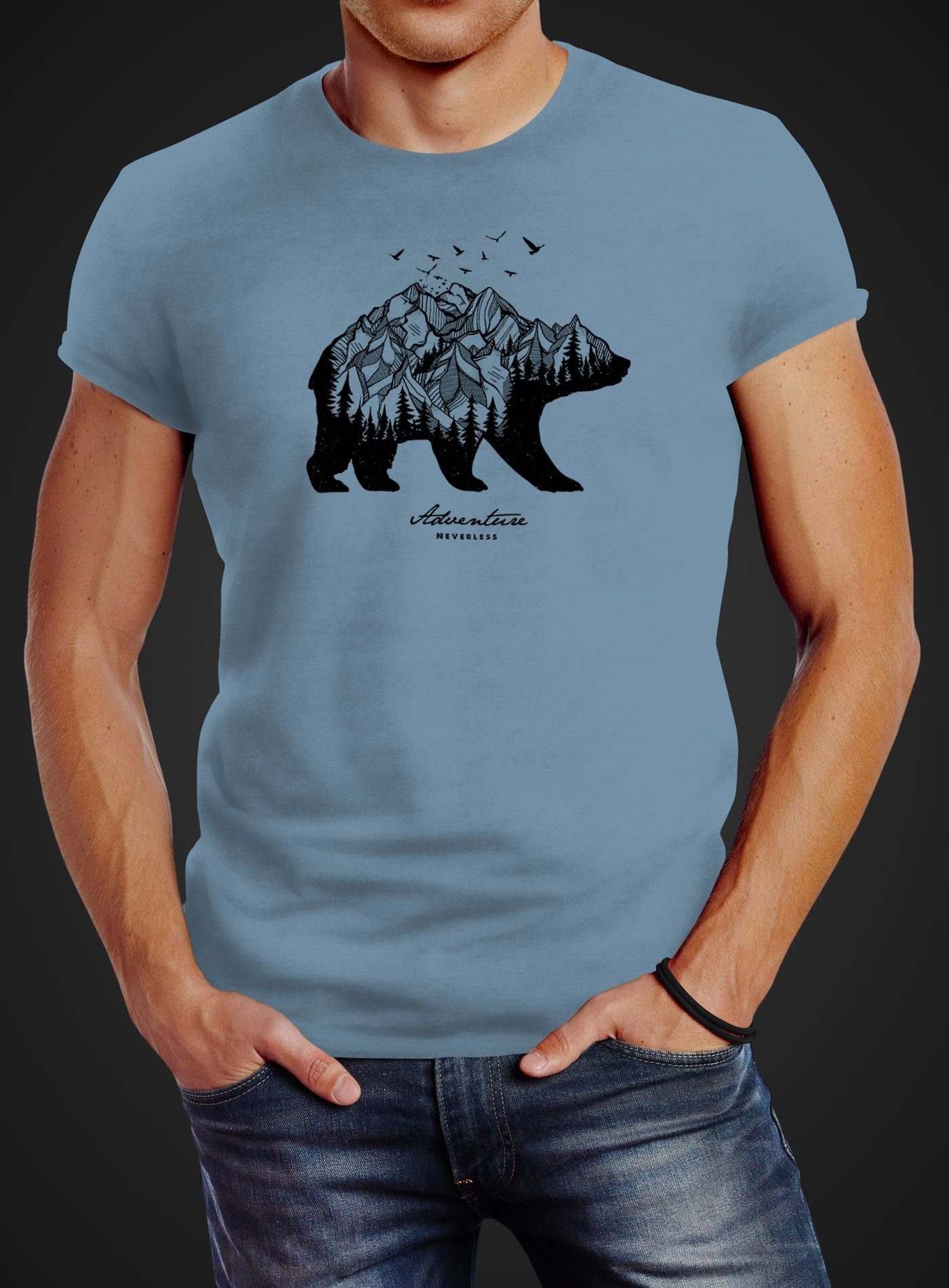 Print Abenteuer Berge Neverless® T-Shirt Print-Shirt Adventure Mountains mit Slim Neverless Herren Wald Fit Bear Bär blau