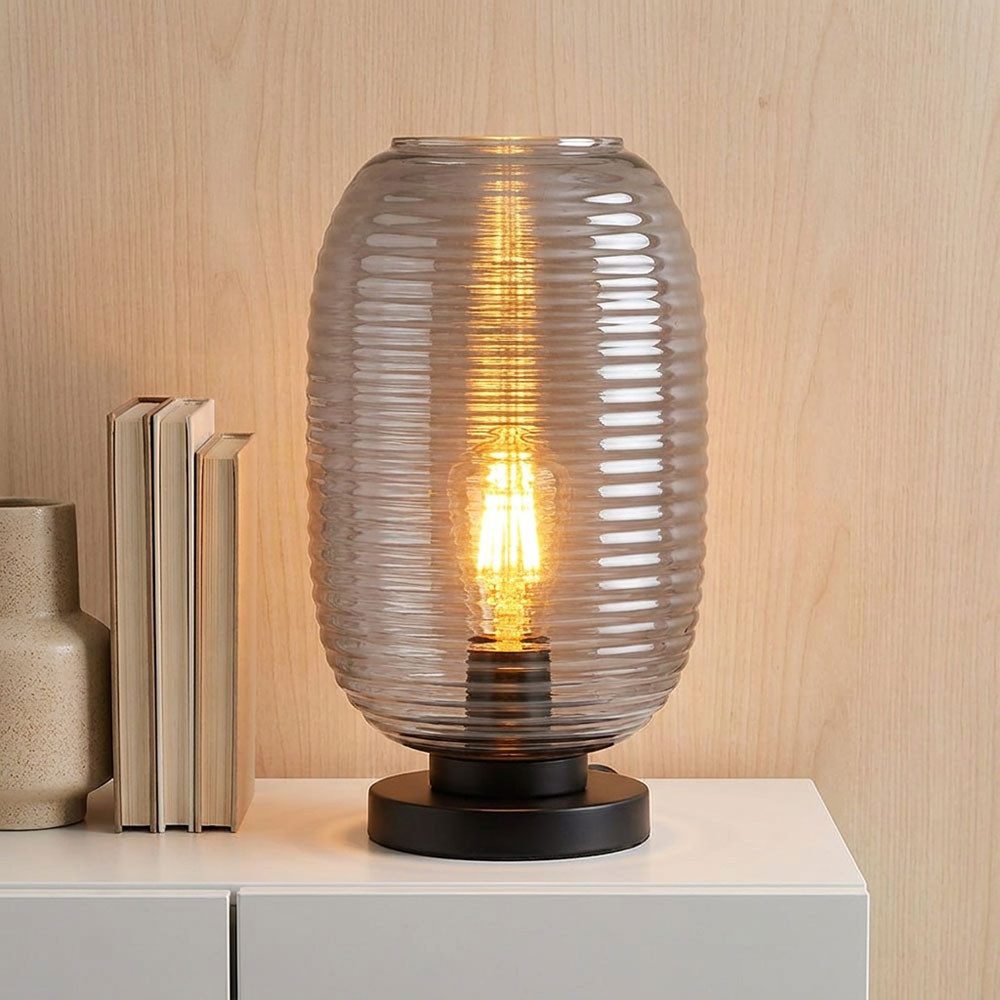GLOBO LIGHTING LED Tischleuchte, Leuchtmittel inklusive, Warmweiß, LED Tischleuchte Tischlampe Wohnzimmerlampe Glas rauchfarben H 34,5 cm