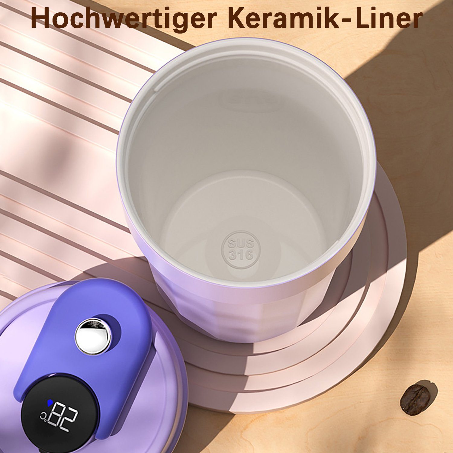 Thermobecher Mit (keramischer Liner) MAGICSHE Kaffeefarbe intelligentem Temperaturbildschirm Isolierflasche,
