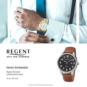 Regent Quarzuhr Regent Herren Uhr F-1239 Leder Quarz, (Analoguhr), Herren Armbanduhr rund, groß (ca. 41mm), Lederarmband