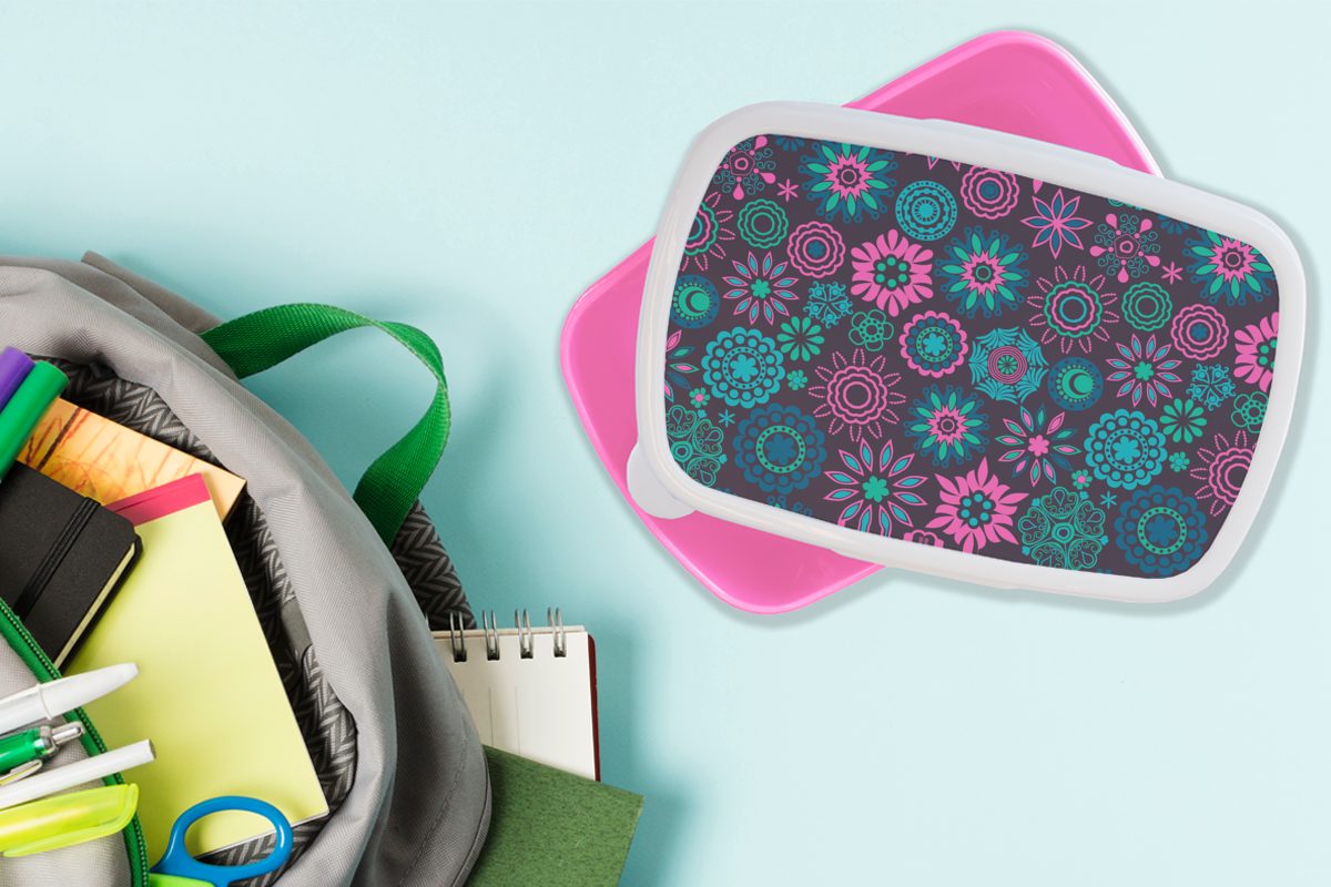 Lunchbox Erwachsene, Mädchen, - für Blumen rosa Muster, Kunststoff, Snackbox, MuchoWow Kunststoff - Brotbox (2-tlg), Neon Kinder, Brotdose