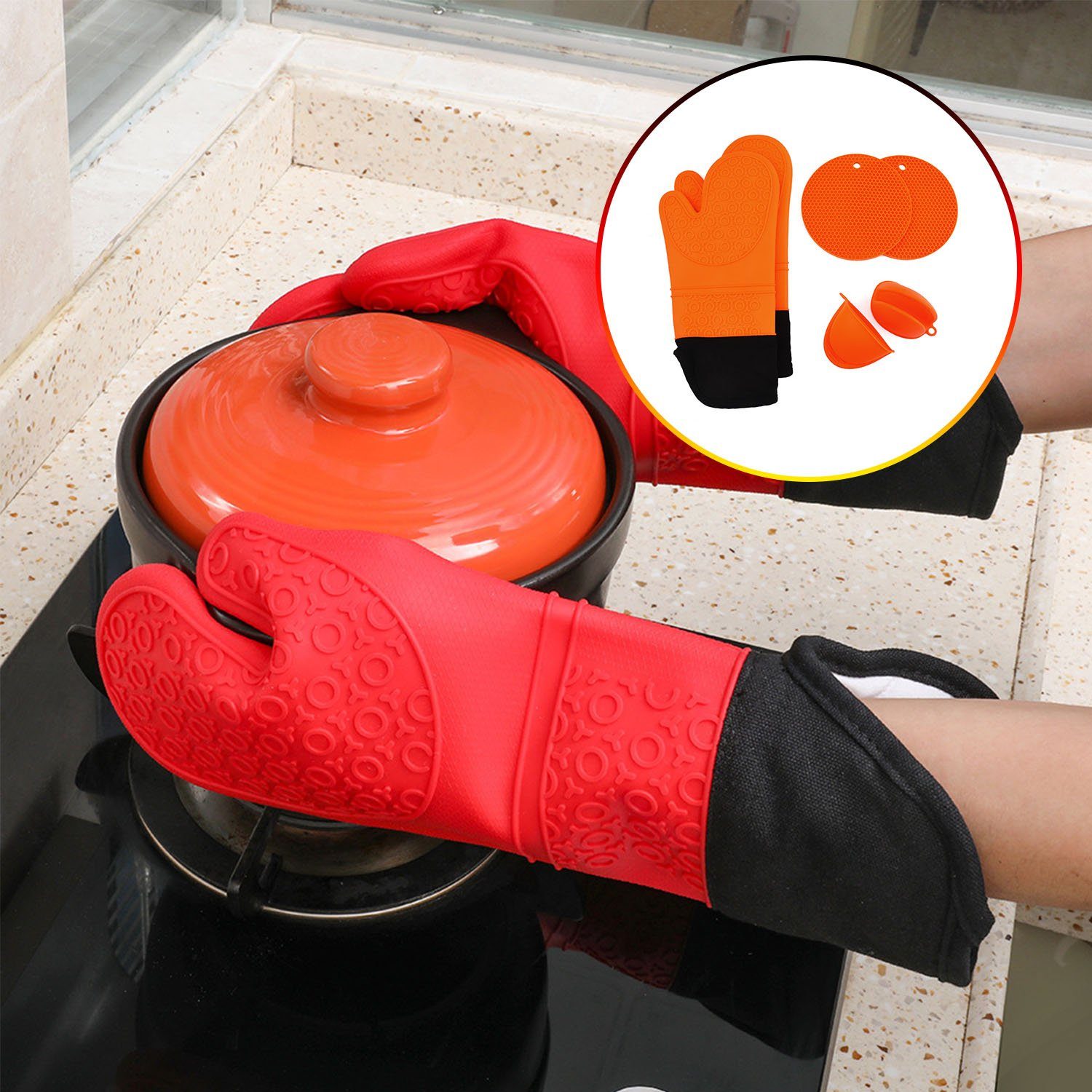MAGICSHE Topfhandschuhe Silikon Hitzebeständige Handschuhe, (6-tlg), Wasserdicht und Rutschfest Verdickte Orange