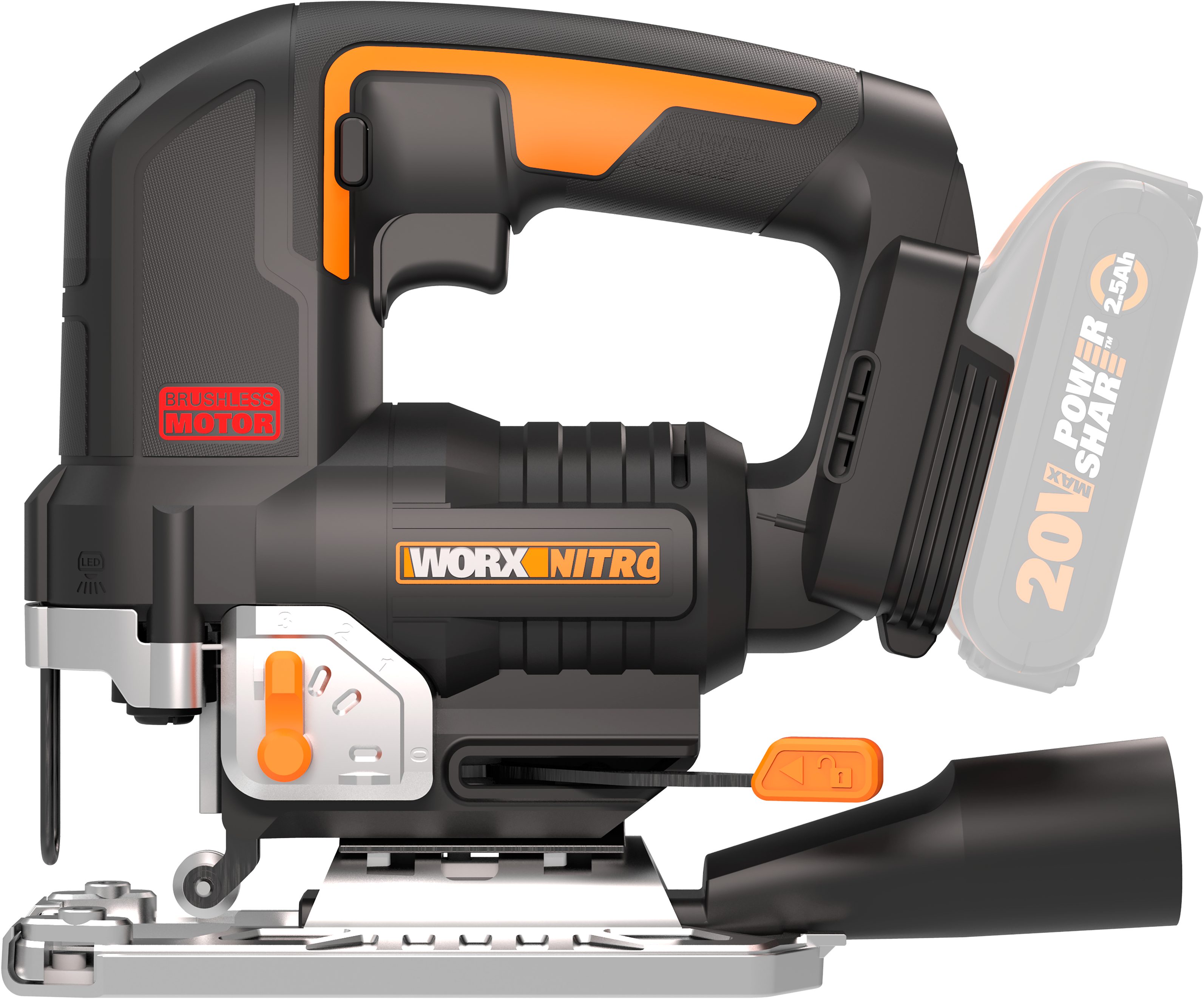 Worx Akku-Stichsäge NITRO WX542.9, Brushless-Motor, mit Absaug-Adapter, ohne Akku & Ladegerät