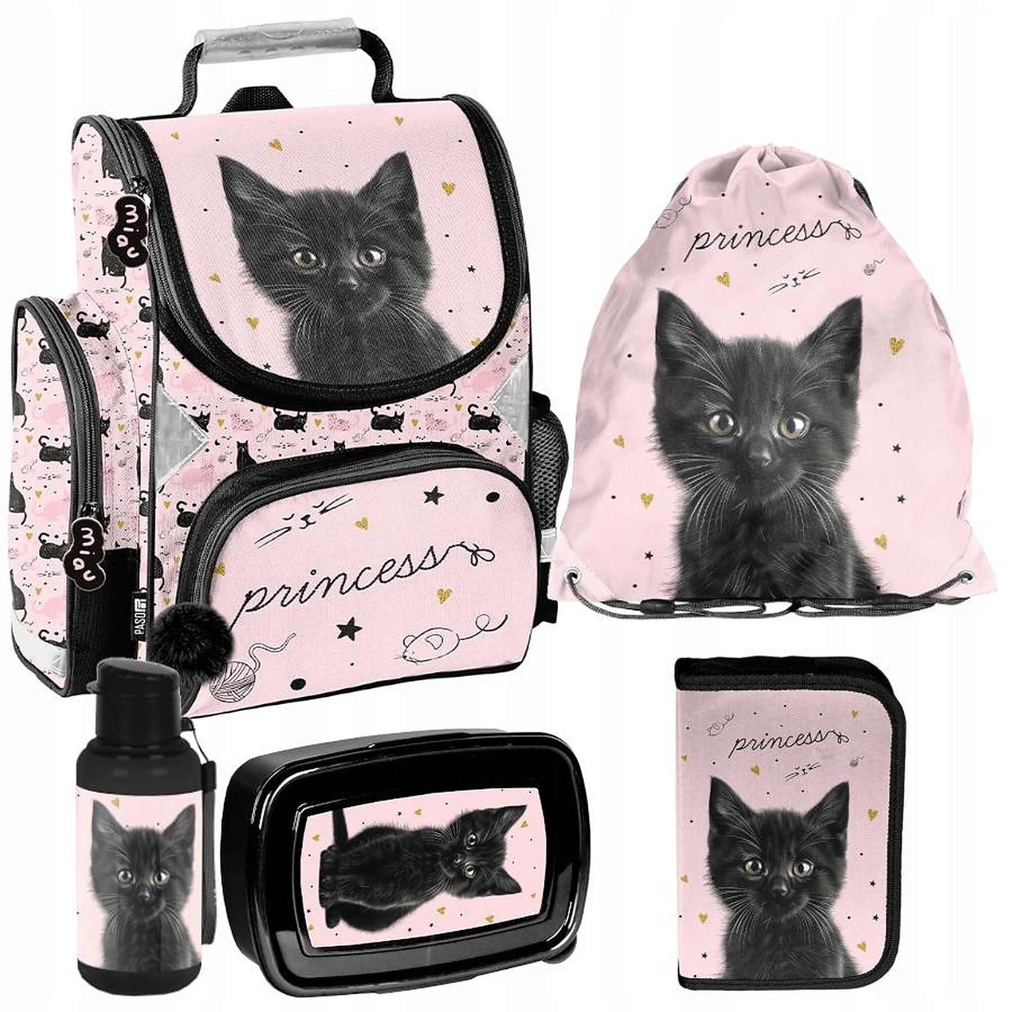 PASO Schulrucksack Mega-Set Kätzchen Princess Schulset 5-tlg. (Rucksack + Turnbeutel + Federmäppchen + Lunchbox + Trinkflasche, 5-tlg)