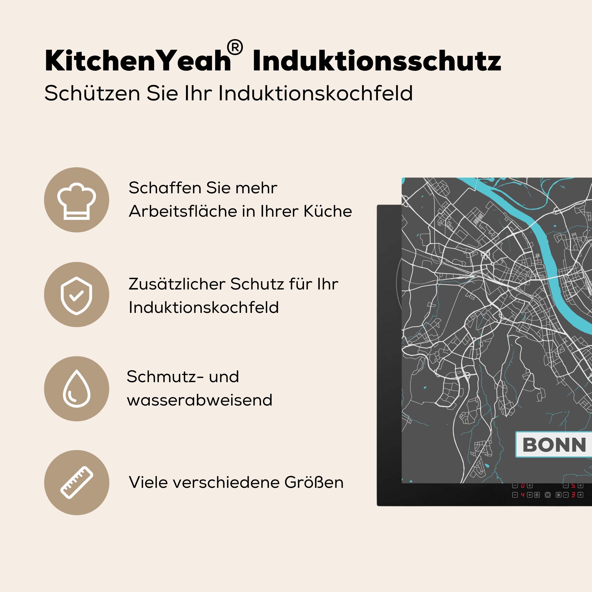 MuchoWow Herdblende-/Abdeckplatte Stadtplan Ceranfeldabdeckung, - Arbeitsplatte 78x78 - cm, Karte, Blau tlg), (1 - Deutschland - Bonn für küche Vinyl