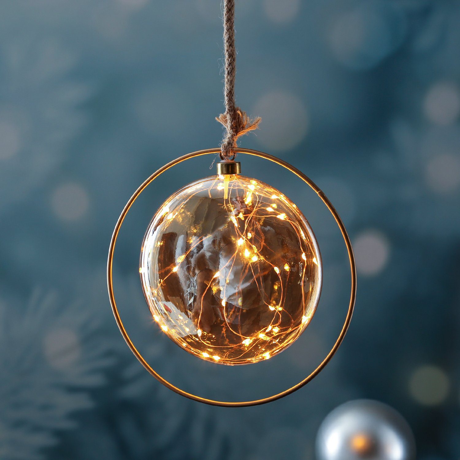 MARELIDA LED Dekolicht LED Glaskugel im Ring Deko Kugel Juteseil LED Kreis Timer D:20cm gold, LED Classic, ultra-warmweiß / bernstein (1800K bis 2100K)