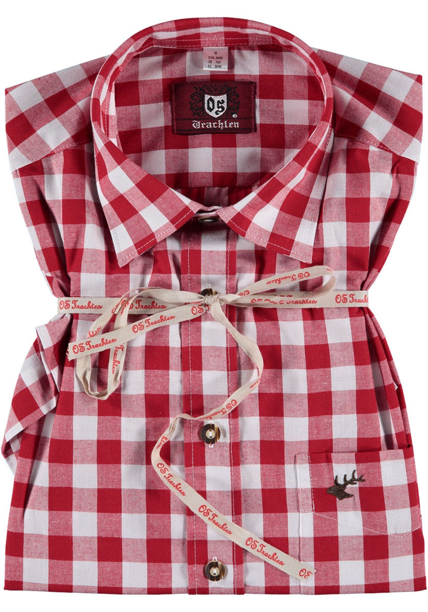 mit aufgesetzter Trachtenhemd mittelrot OS-Trachten Iluvu mit Kurzarmhemd Hirsch-Stickerei Brusttasche
