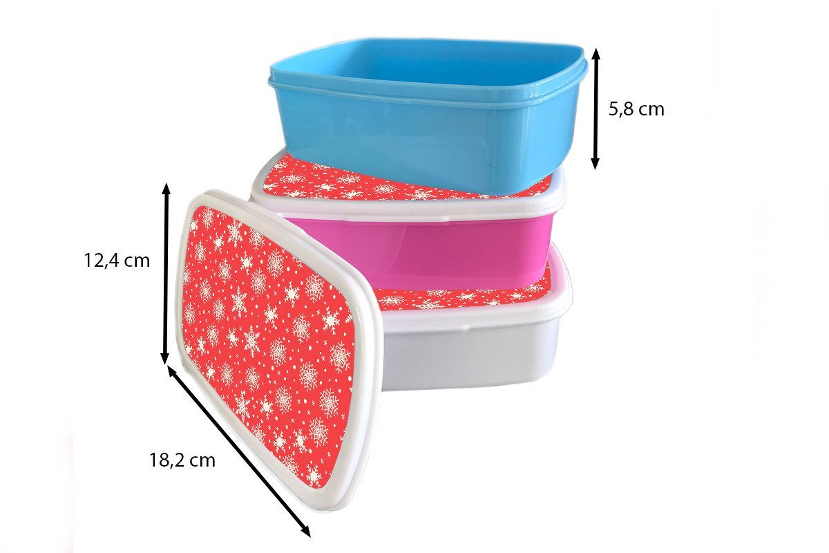 Weiß, - - Kinder, Lunchbox Snackbox, Kunststoff rosa Kunststoff, Brotbox MuchoWow für Weihnachten (2-tlg), Schneeflocke Brotdose Mädchen, - Rot - Erwachsene, Muster