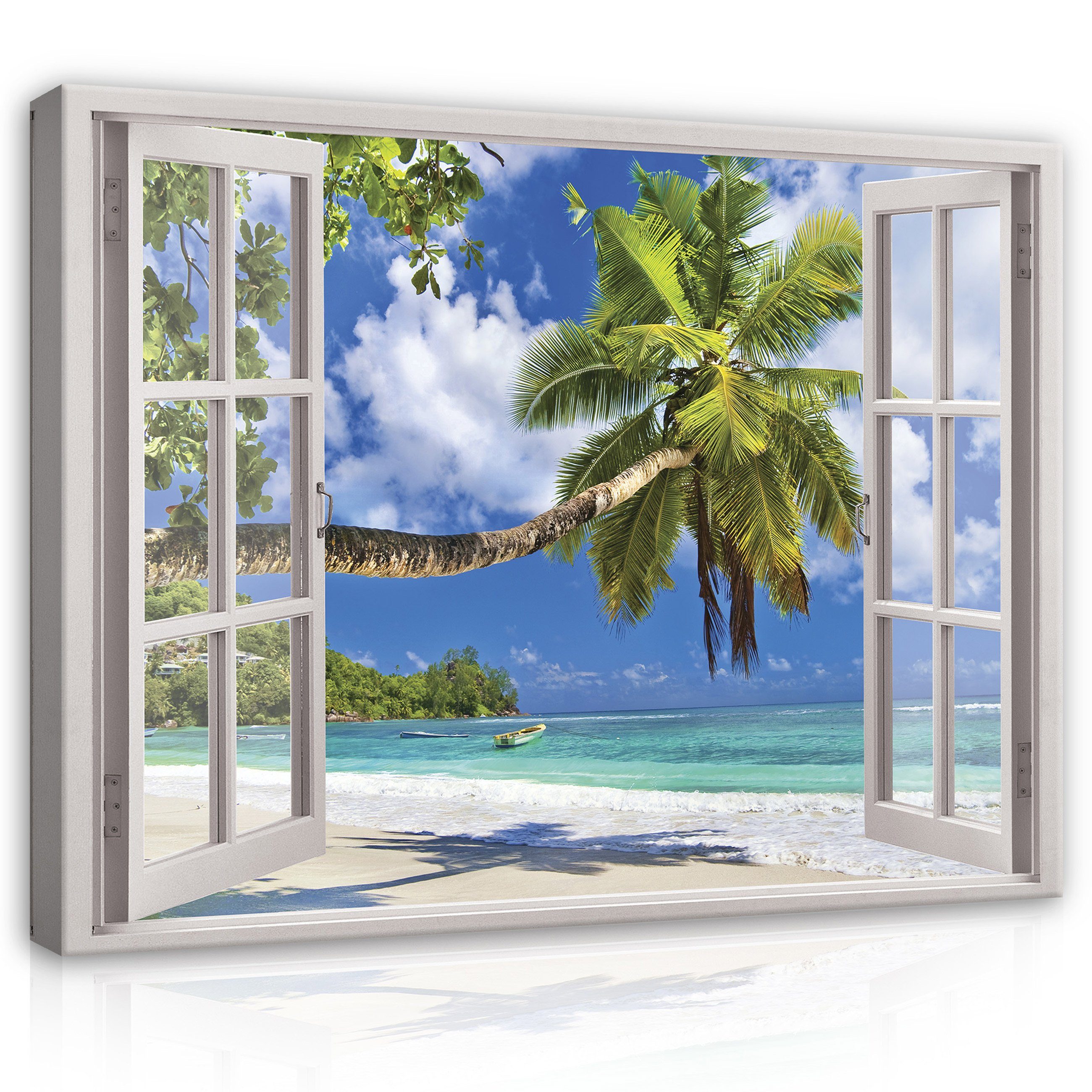Wallarena Leinwandbild Fensterblick Strand Palm Fenster Wandbild XXL Modern Canvas Wohnzimmer, (Einteilig), Aufhängefertig