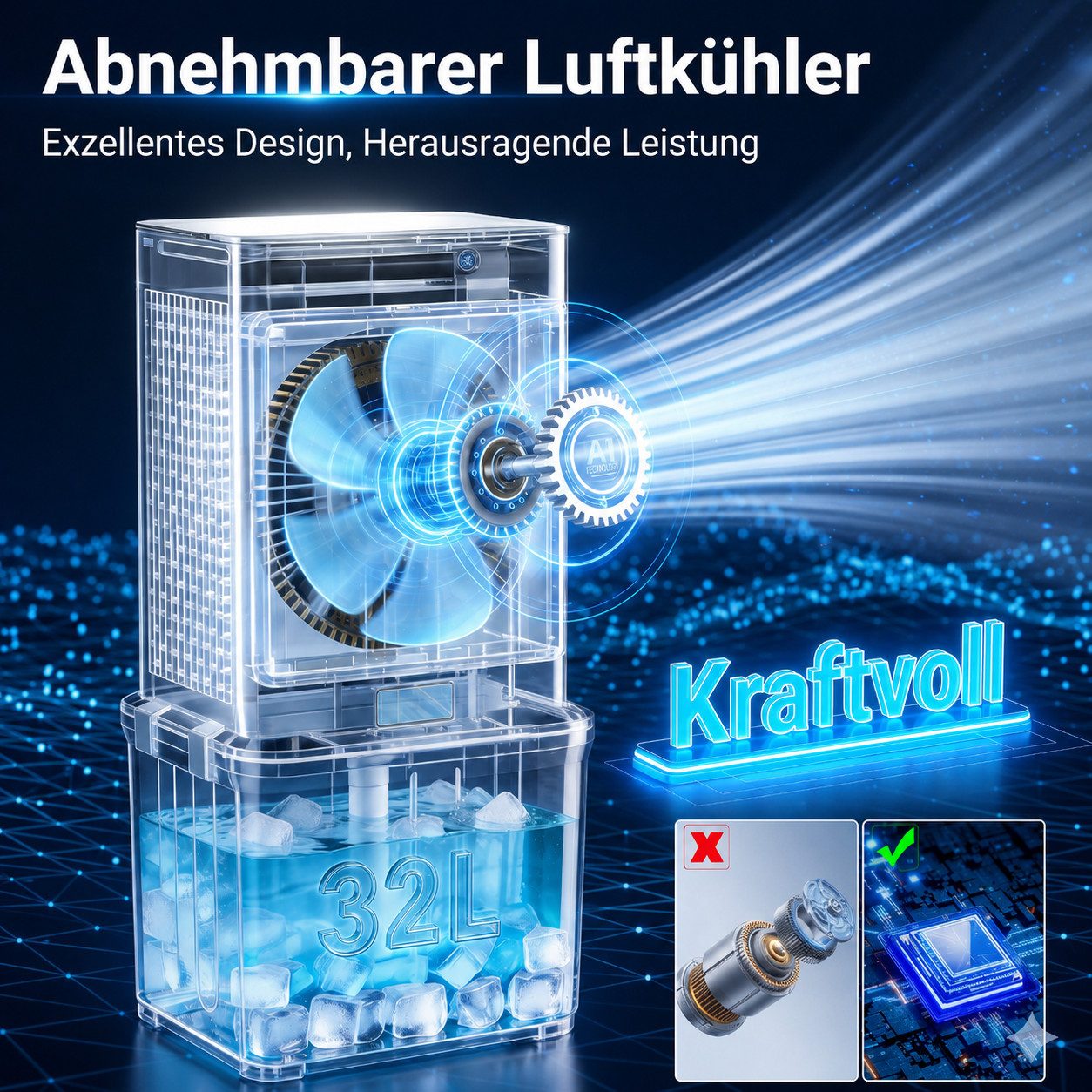 Sunicol Ventilatorkombigerät Mobiler Luftkühler mit Wasserkühlung, 32L Abnehmbar Wassertank, Timer, 70W Tischventilator Klimagerät mit Fernbedienung, 3 Geschwindigkeiten