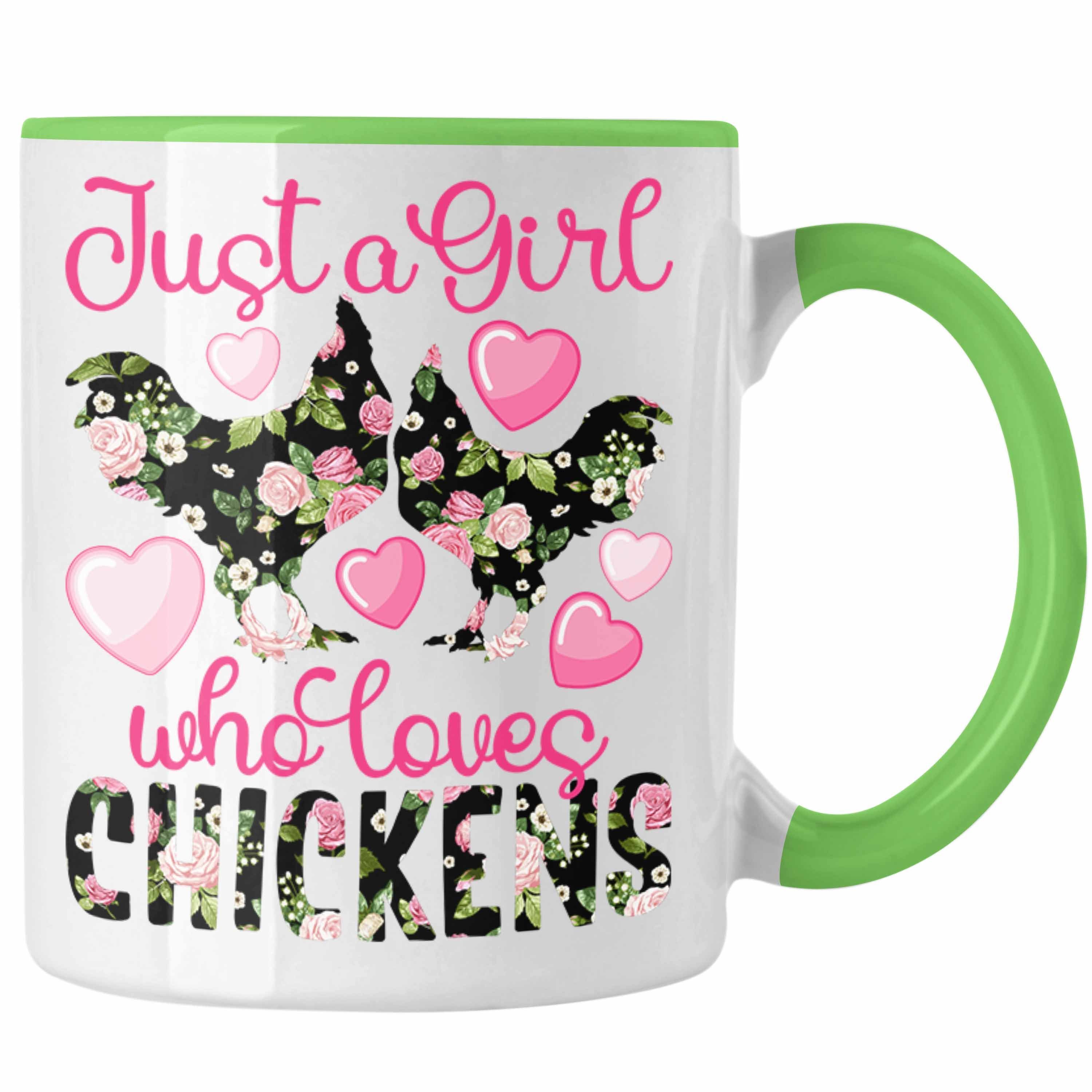 Trendation Tasse "Just A Girl Who Loves Chickens" Tasse Geschenk Hühner Liebhaberinnen Grün