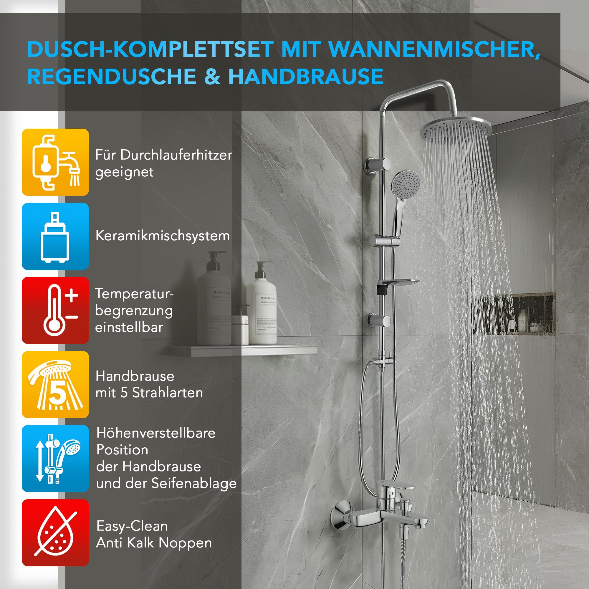 hansgrohe Wannenarmatur Vernis Blend Wannenmischer Set mit Aloni Handbrause und Regendusche (Spar-Set) Einhebel Badewannenarmatur, chrom oder schwarz matt