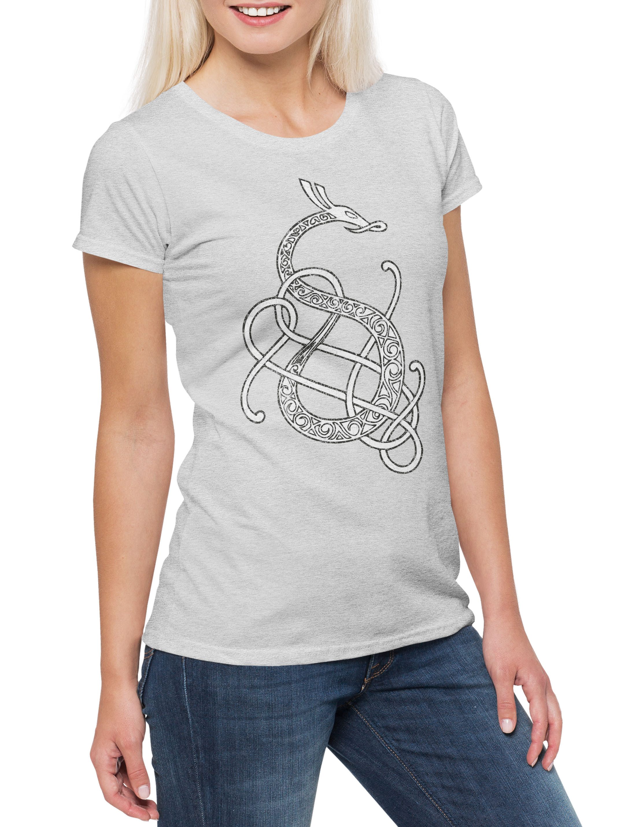 Print-Shirt Norse Snake Dragon Damen T-Shirt Raben Raven Hugin Munin Wikinger Tyr