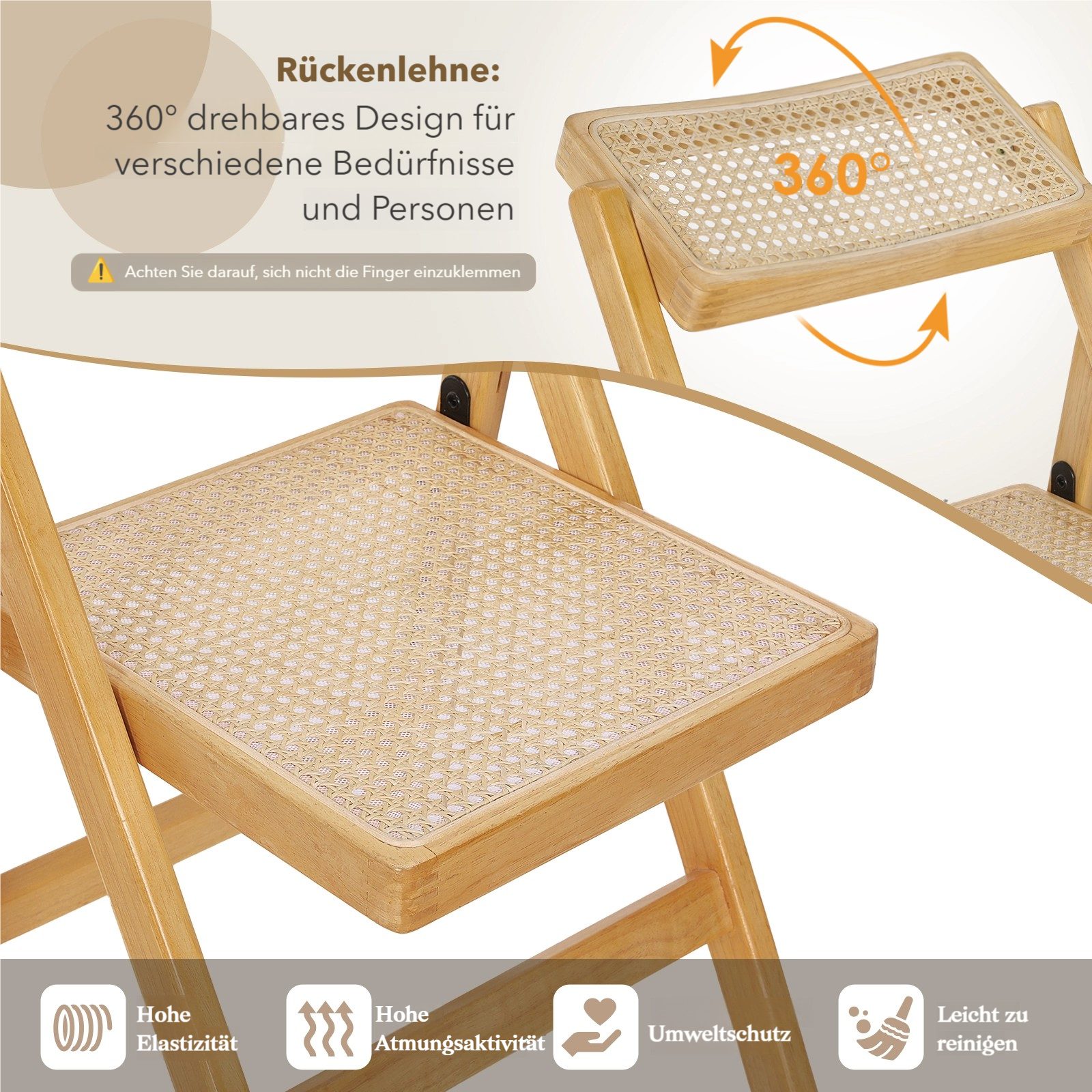 TLGREEN Klappstuhl aus Holz,Faltbar Esszimmerstuhl, (87x46x43cm Rattan Stuhl mit Wiener Geflecht, 1 St), Rattan Stuhl, Balkonstuhl, Naturfarben