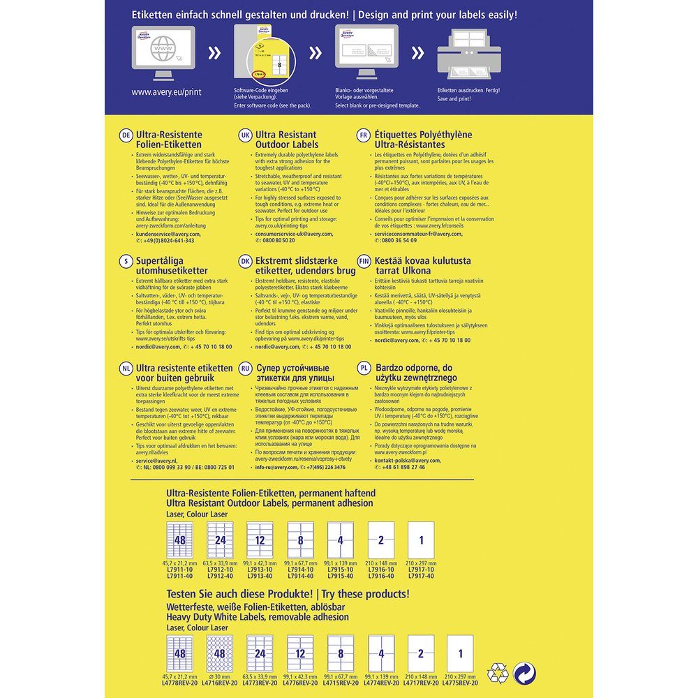 Avery Zweckform Etikett Avery-Zweckform L7914-10 mm 67.7 Wei Polyethylenfolie Etiketten x 99.1