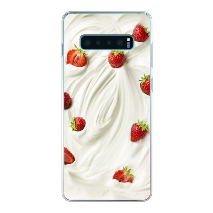 MuchoWow Handyhülle Erdbeere - Joghurt - Rot Phone Case Handyhülle Samsung Galaxy S10+ Silikon Schutzhülle