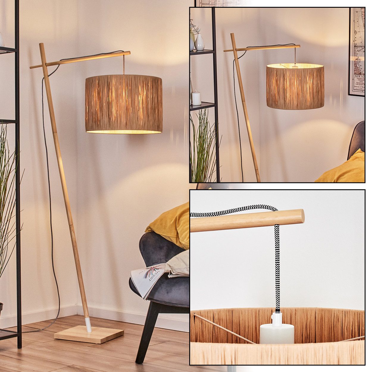 hofstein Stehlampe Stehlampe aus Holz/Metall mit Schirm aus Bast in Naturfarben, ohne Leuchtmittel, Stehleuchte im modernen Boho-Design (40 cm), Höhe 160 cm, E27